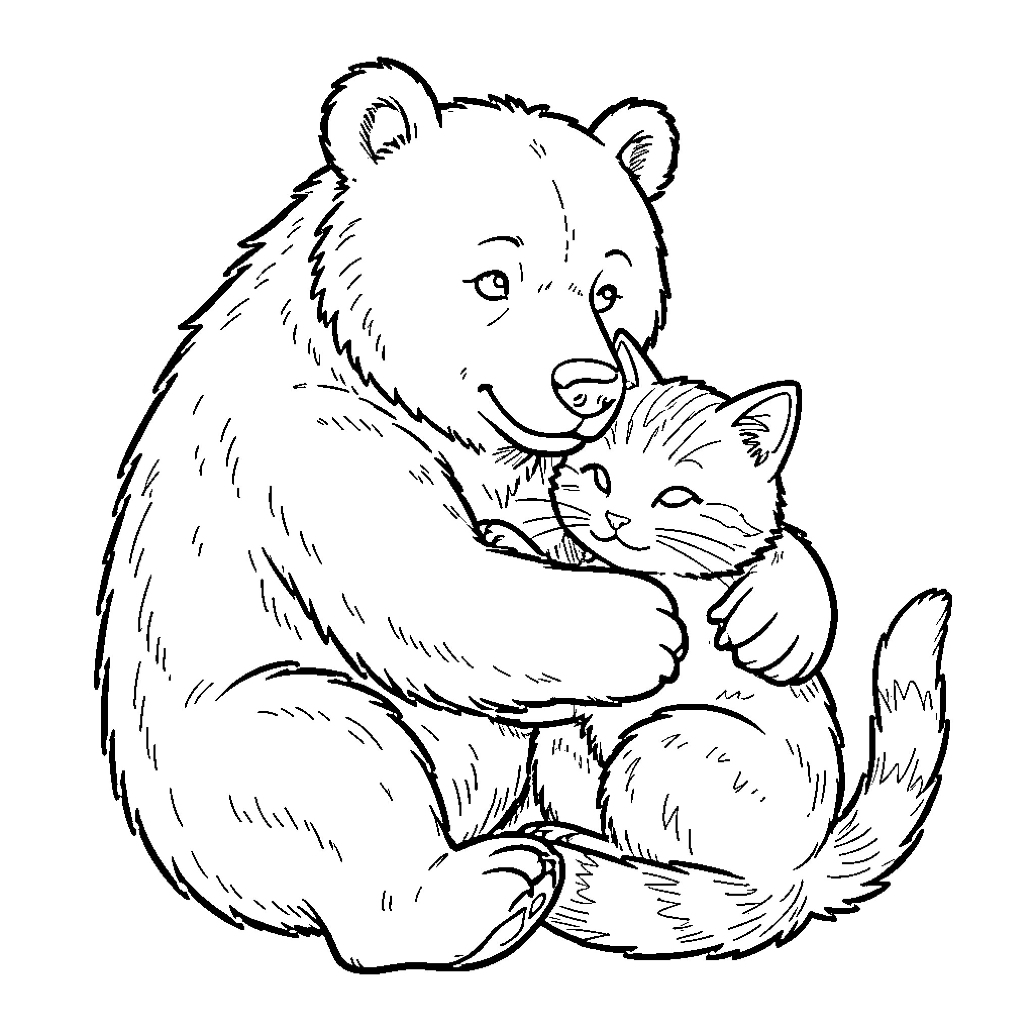Bear hugging a small kitten affectionately Coloring Page (free black-and-white line drawing printable PDF for all, from beginners to advanced learners, including children, teens, adults, and seniors)