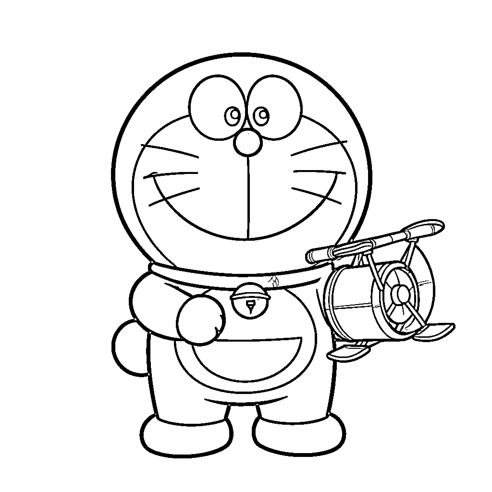 Doraemon playing with a toy helicopter Coloring Page (free black-and-white line drawing printable PDF for all, from beginners to advanced learners, including children, teens, adults, and seniors)