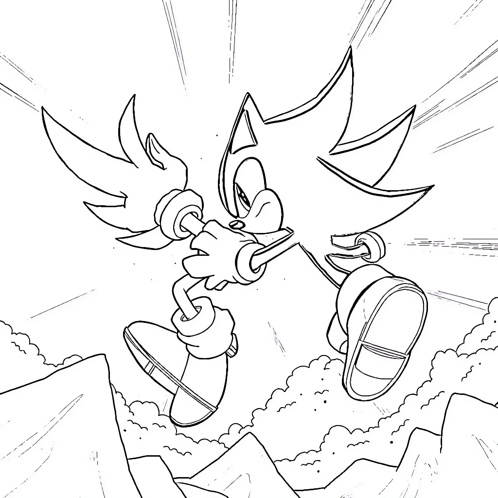 Shadow of Speeding Cartoon Character Zooming Through the Sky Coloring Page (free black-and-white line drawing printable PDF for all, from beginners to advanced learners, including children, teens, adults, and seniors)