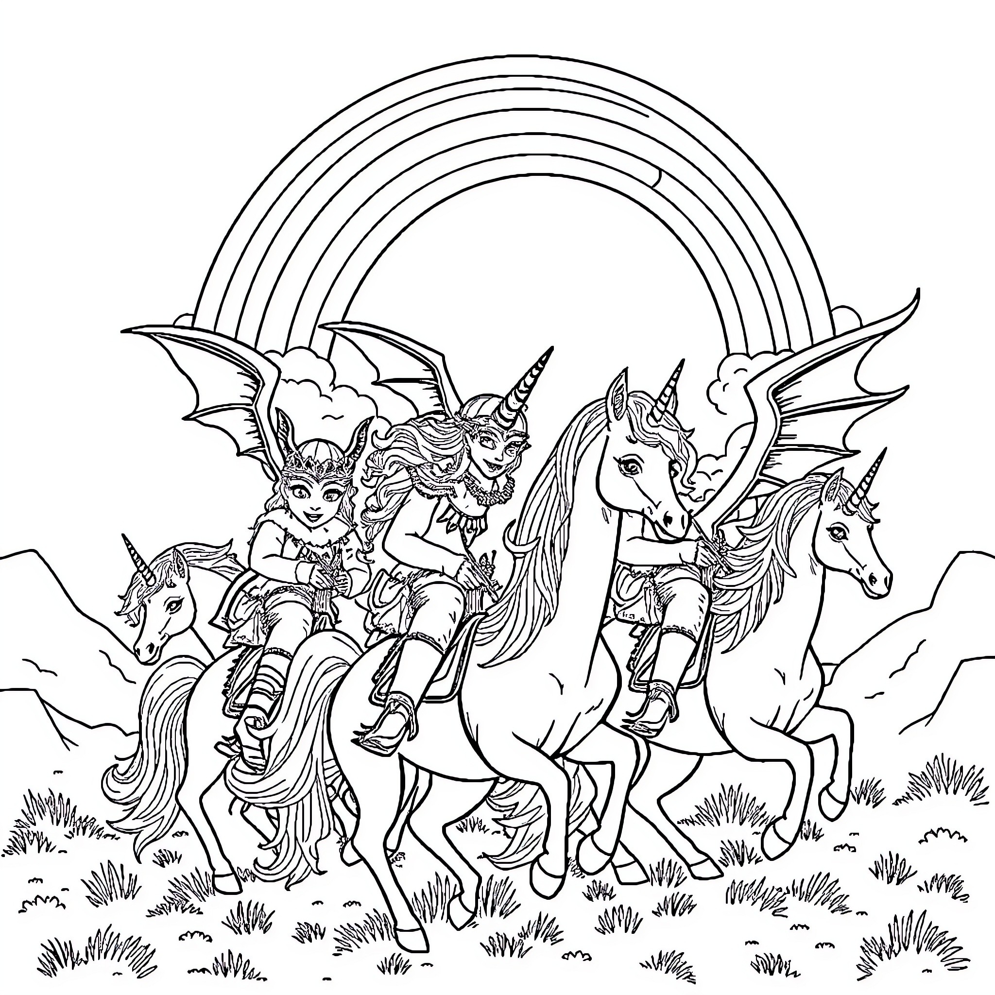 Demon Hunter's Fantastical Adventure with Mythical Creatures Coloring Page (free black-and-white line drawing printable PDF for all, from beginners to advanced learners, including children, teens, adults, and seniors)