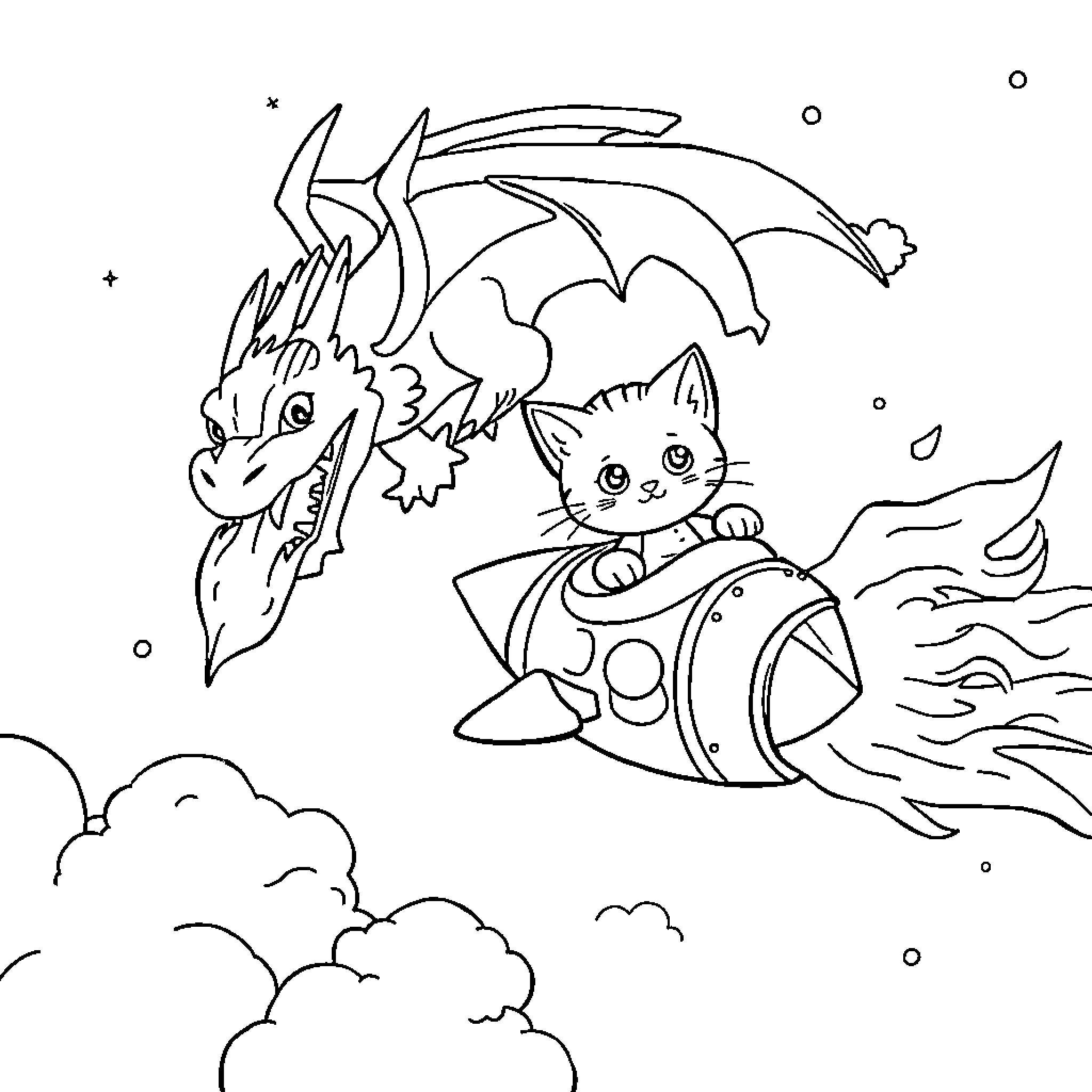 Kitten riding a rocket with a dragon Coloring Page (free black-and-white line drawing printable PDF for all, from beginners to advanced learners, including children, teens, adults, and seniors)