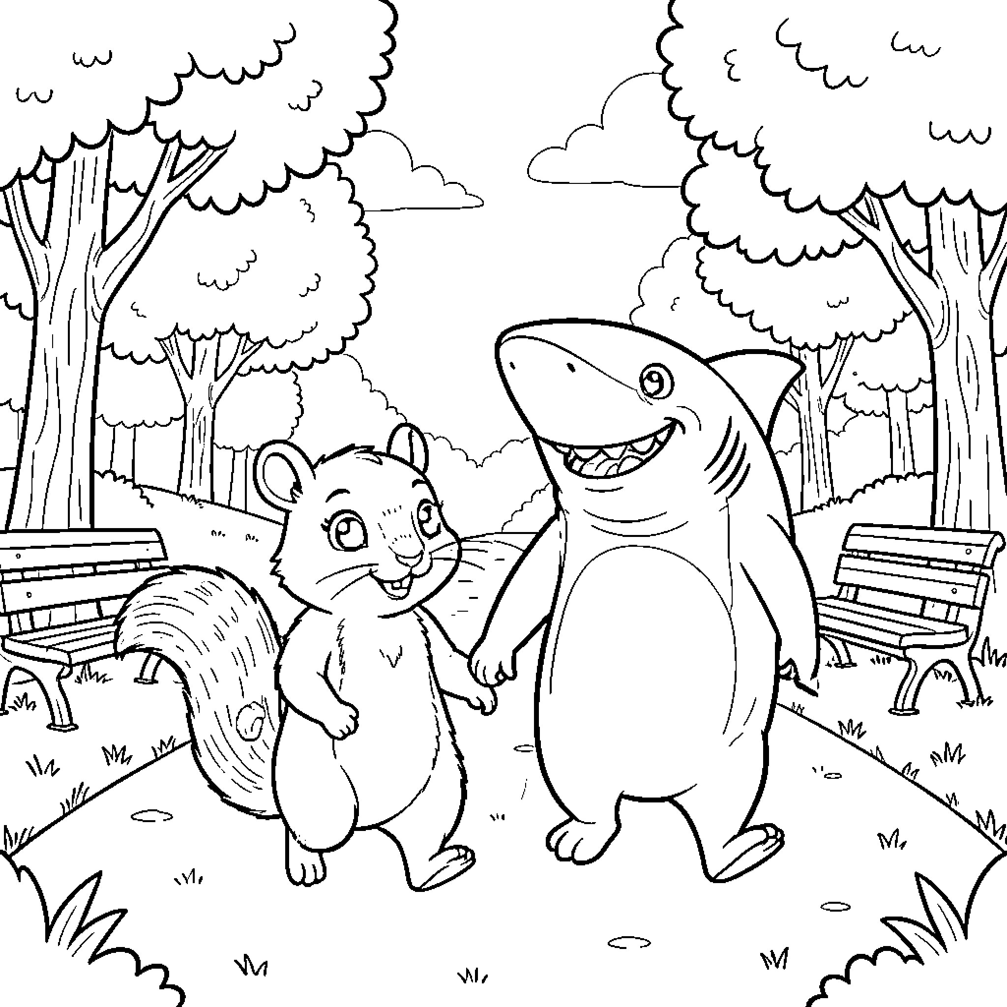 Squirrel and shark playing in the forest Coloring Page (free black-and-white line drawing printable PDF for all, from beginners to advanced learners, including children, teens, adults, and seniors)