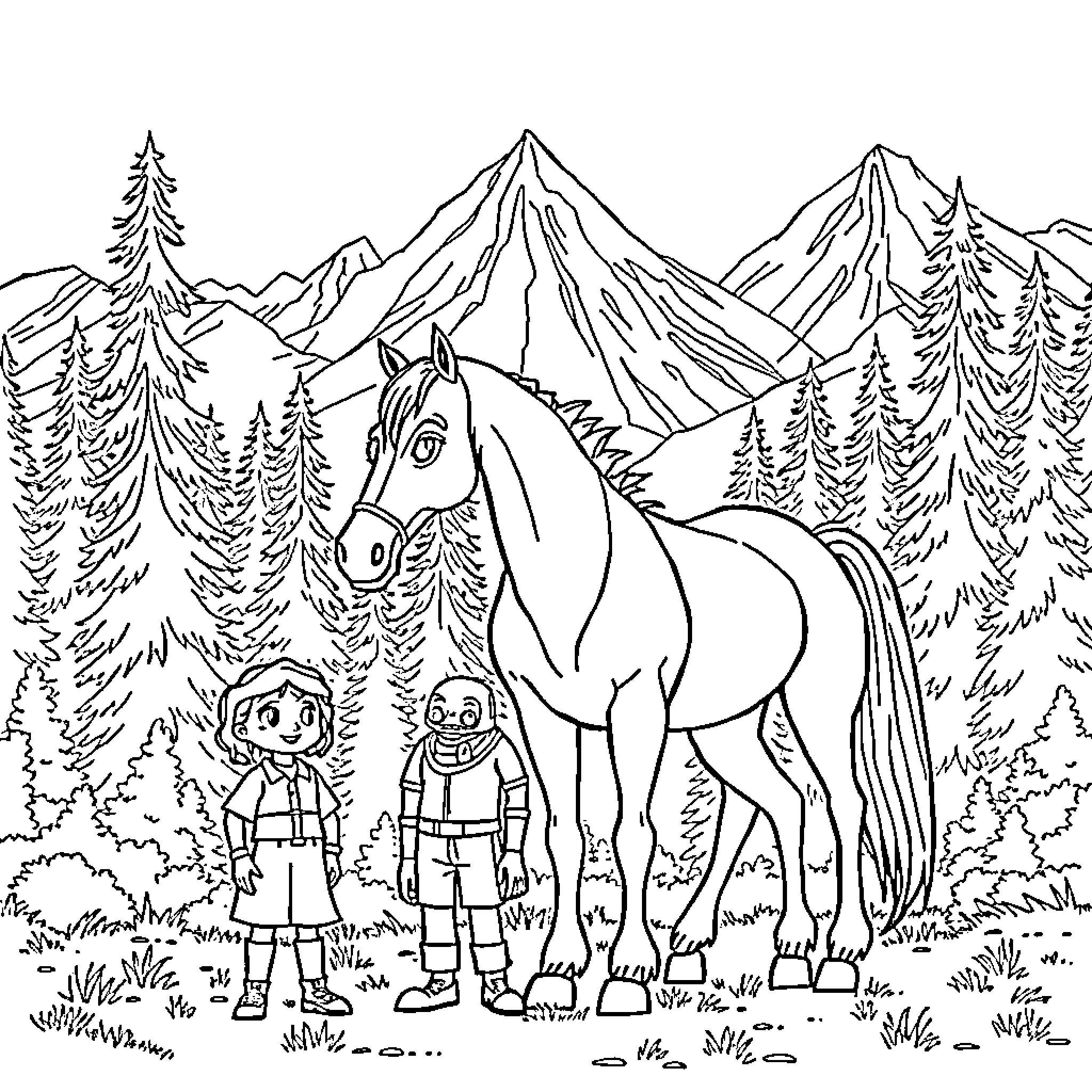 Character Adventure in the Mountain Forest Coloring Page (free black-and-white line drawing printable PDF for all, from beginners to advanced learners, including children, teens, adults, and seniors)