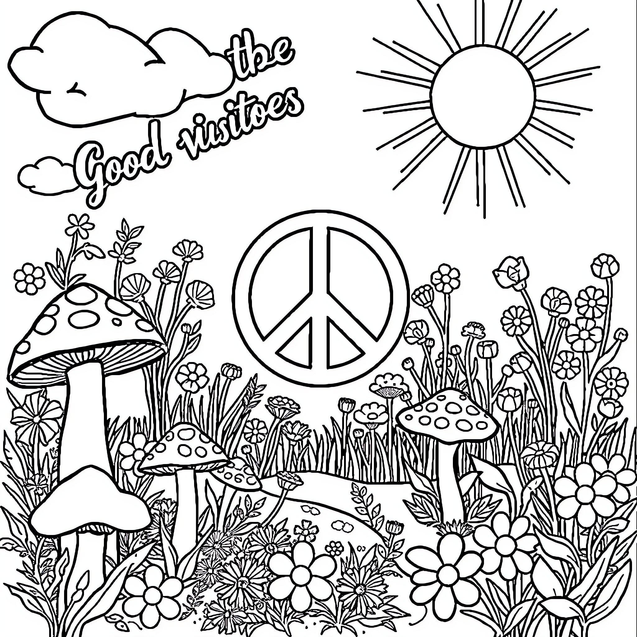 Mushroom-filled nature scene with peace symbol Coloring Page (free black-and-white line drawing printable PDF for all, from beginners to advanced learners, including children, teens, adults, and seniors)