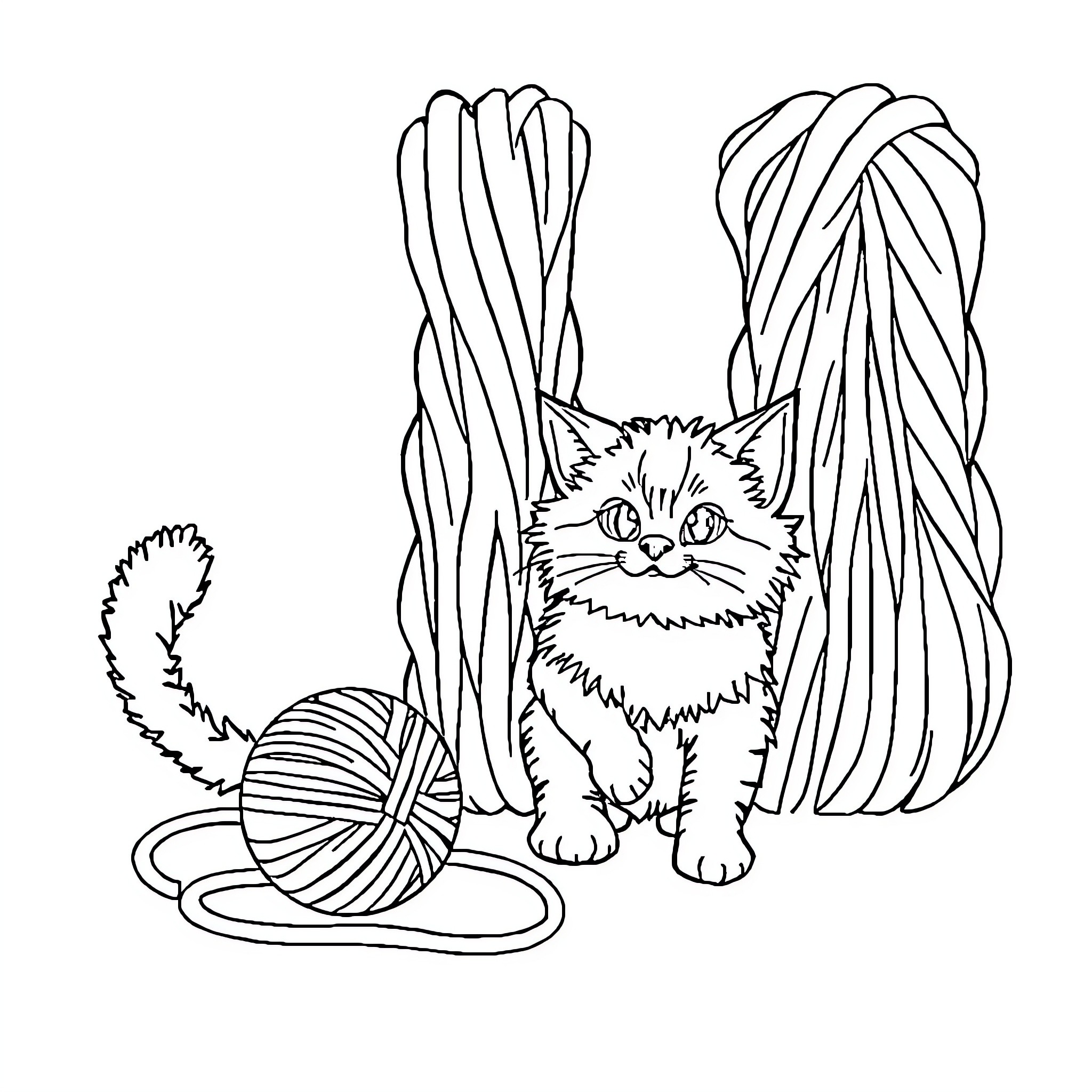 Cat playing with yarn in a cozy environment Coloring Page (free black-and-white line drawing printable PDF for all, from beginners to advanced learners, including children, teens, adults, and seniors)