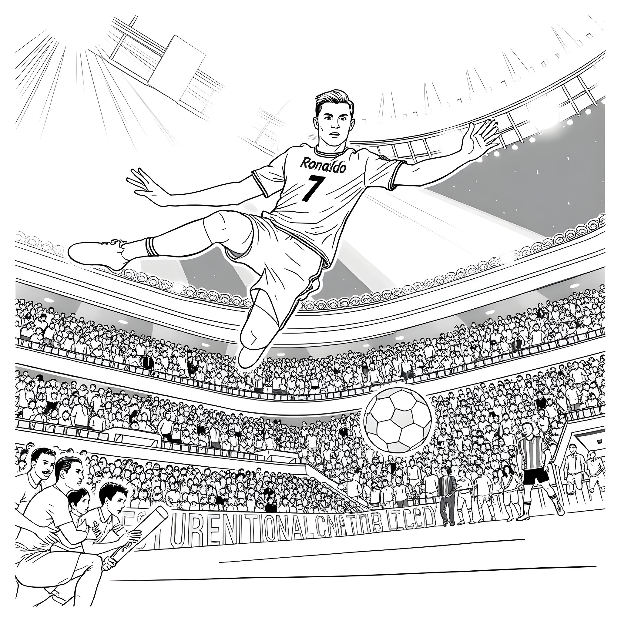 Ronaldo's Explosive Football Celebration in the Stadium Coloring Page (free black-and-white line drawing printable PDF for all, from beginners to advanced learners, including children, teens, adults, and seniors)