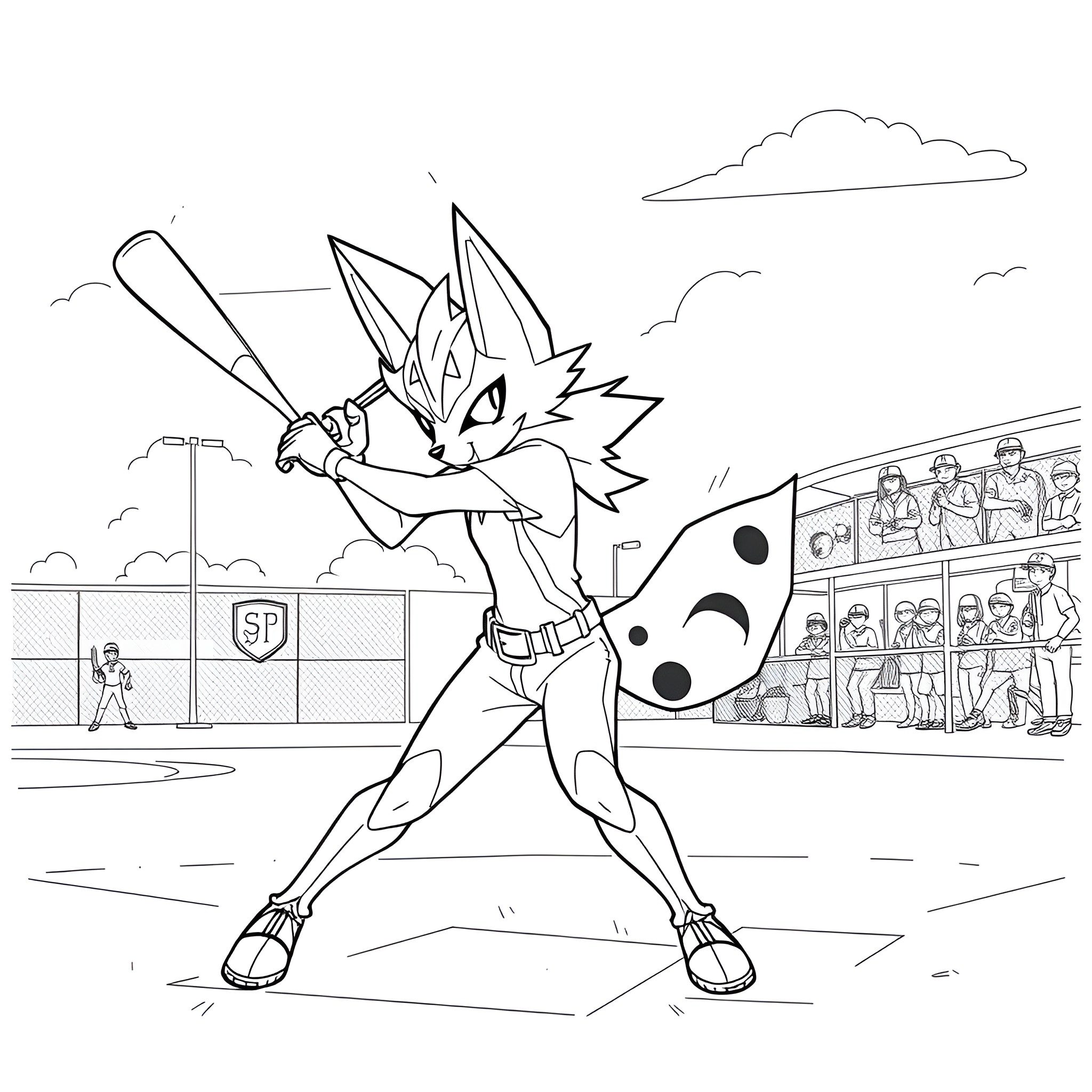 Zeraora in Action on the Field Coloring Page (free black-and-white line drawing printable PDF for all, from beginners to advanced learners, including children, teens, adults, and seniors)