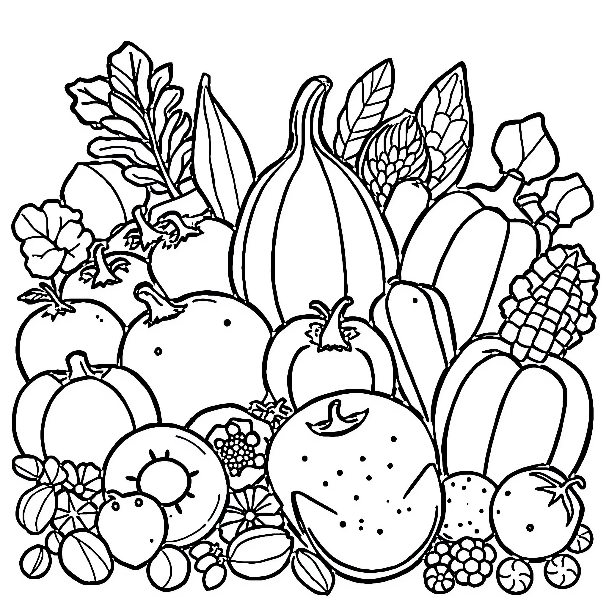 Fruit Basket Filled with Diverse Produce Coloring Page (free black-and-white line drawing printable PDF for all, from beginners to advanced learners, including children, teens, adults, and seniors)