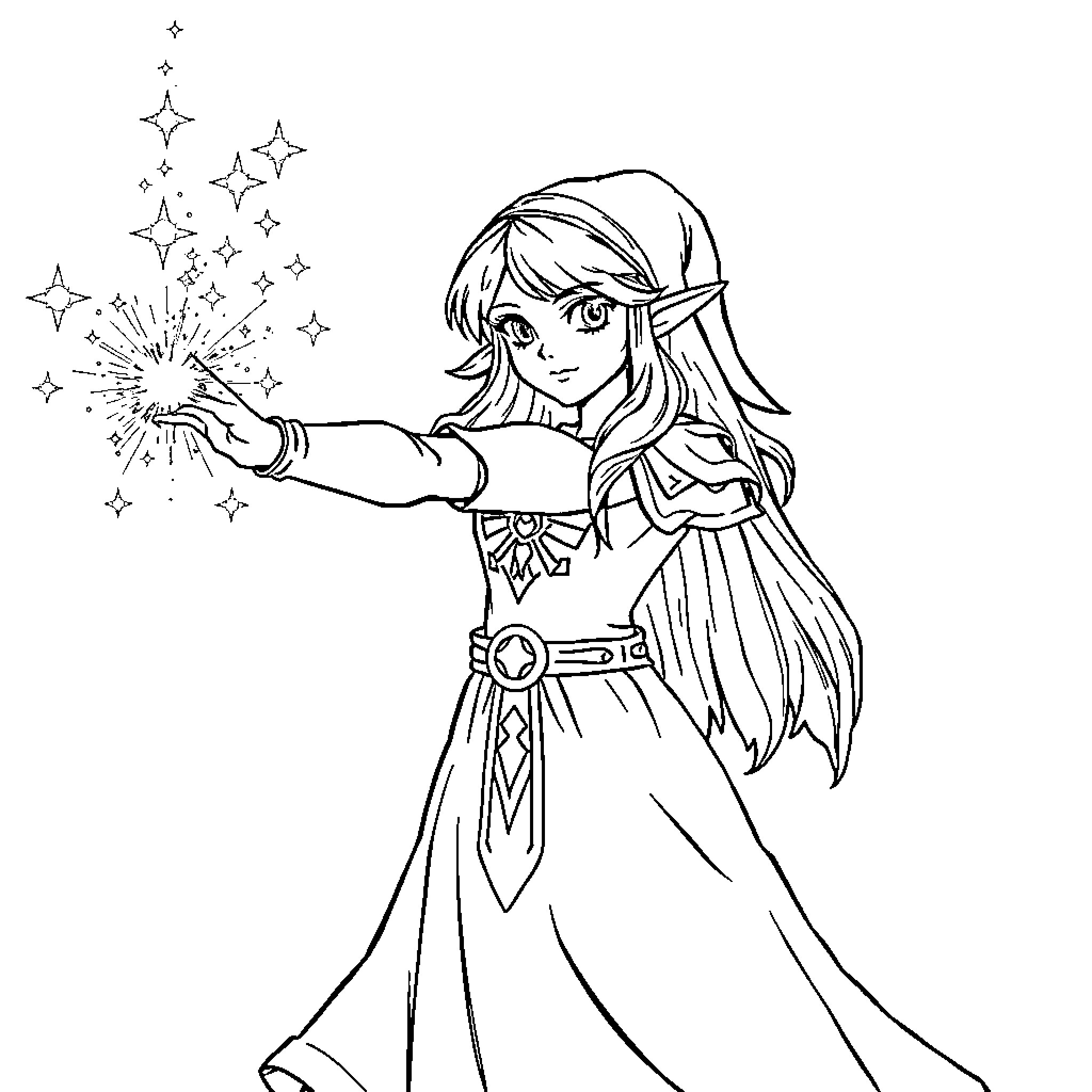 Zelda performing magical actions with stars Coloring Page (free black-and-white line drawing printable PDF for all, from beginners to advanced learners, including children, teens, adults, and seniors)