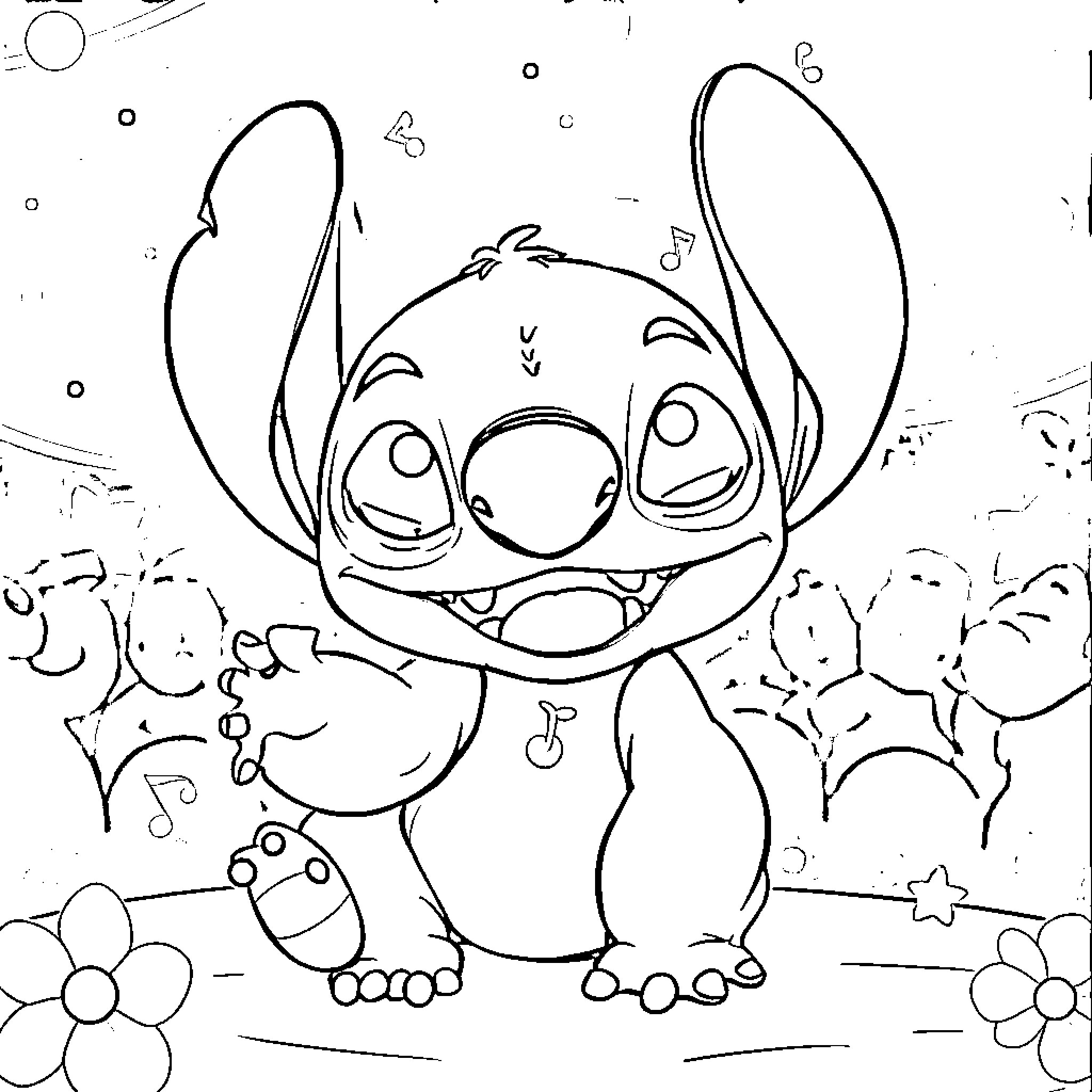 Stitch dancing and playing with music notes Coloring Page (free black-and-white line drawing printable PDF for all, from beginners to advanced learners, including children, teens, adults, and seniors)