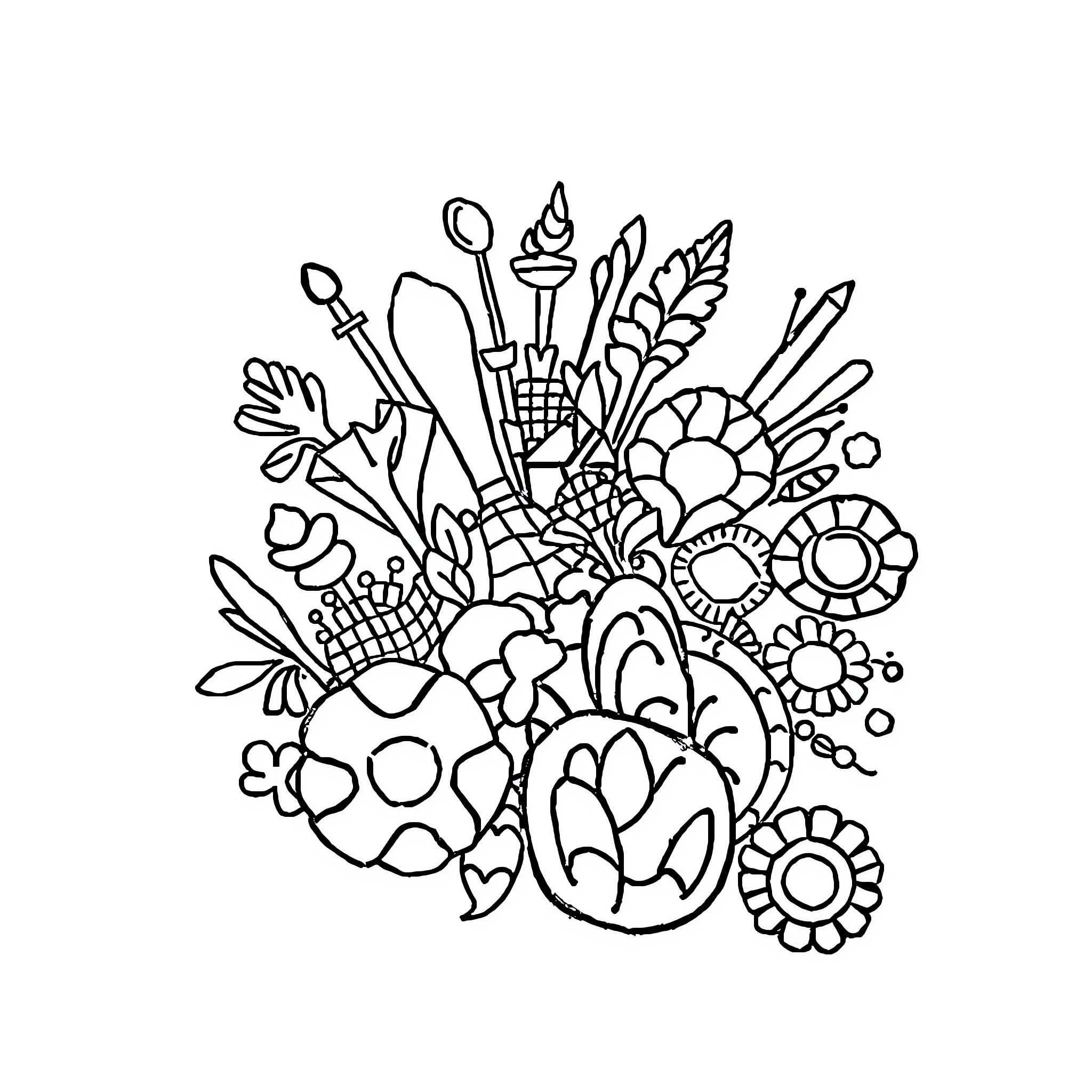 Doodle of Whimsical Floral Arrangement Coloring Page (free black-and-white line drawing printable PDF for all, from beginners to advanced learners, including children, teens, adults, and seniors)