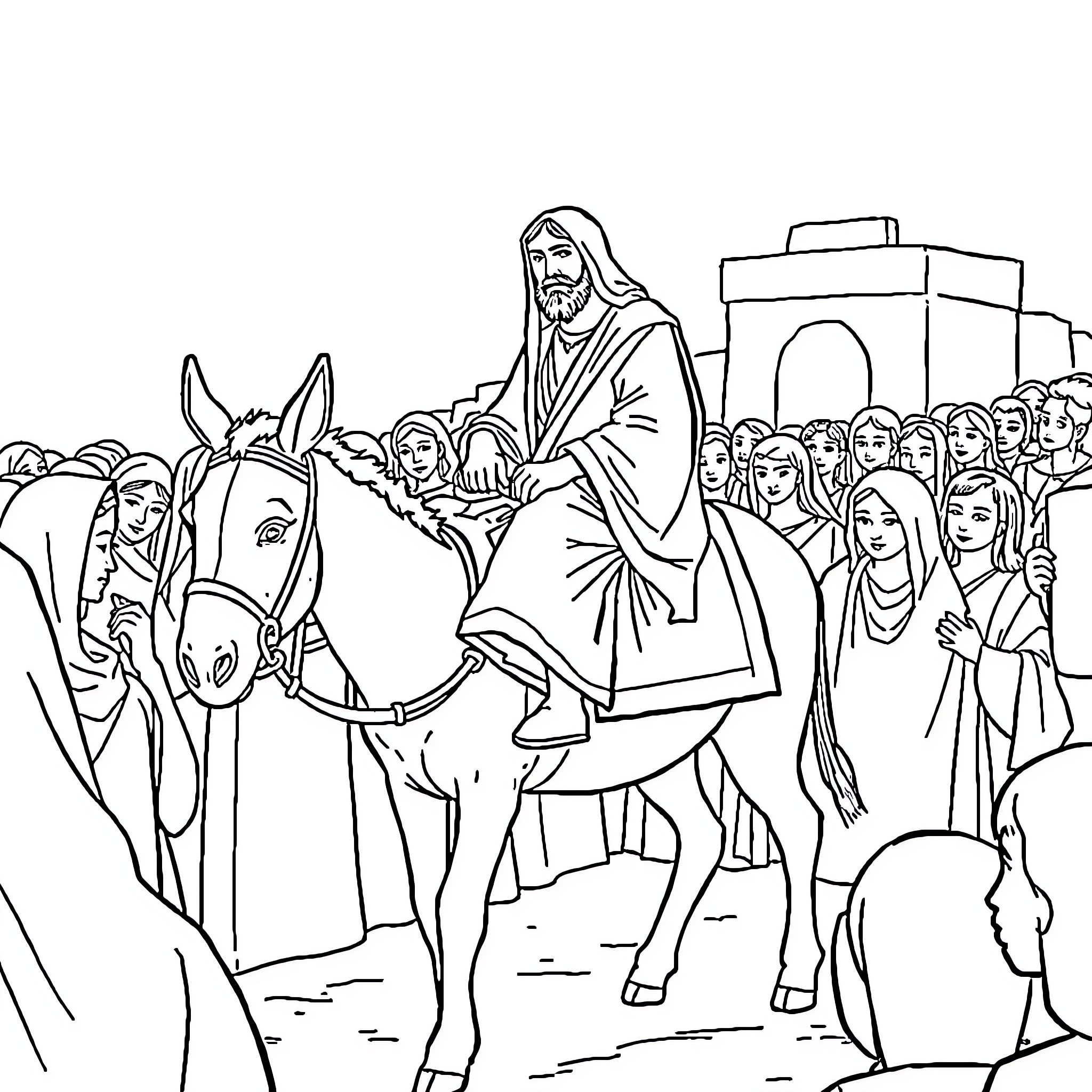 Jesus Entering Jerusalem on a Donkey Coloring Page (free black-and-white line drawing printable PDF for all, from beginners to advanced learners, including children, teens, adults, and seniors)