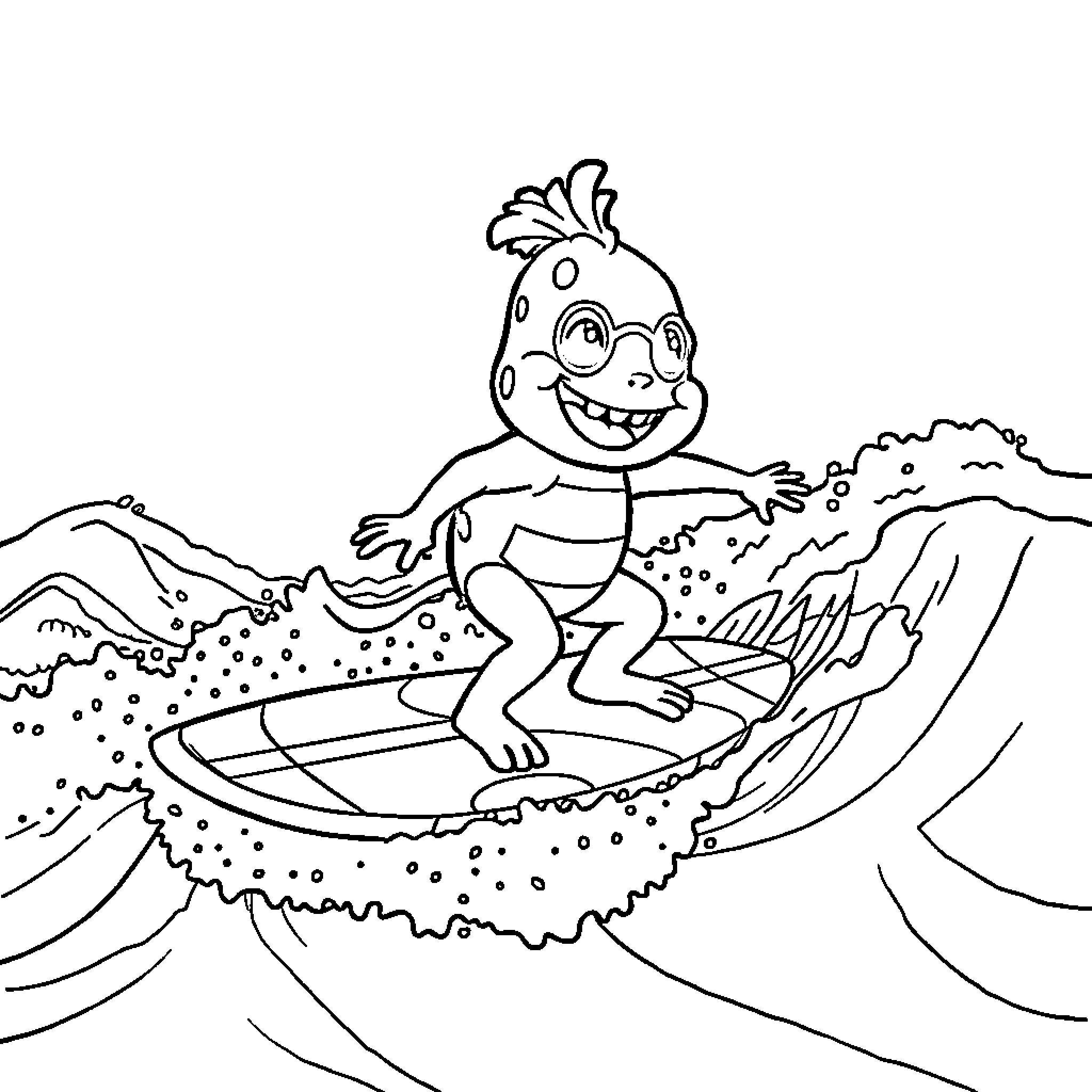 Lebubu Surfing Through the Waves Coloring Page (free black-and-white line drawing printable PDF for all, from beginners to advanced learners, including children, teens, adults, and seniors)