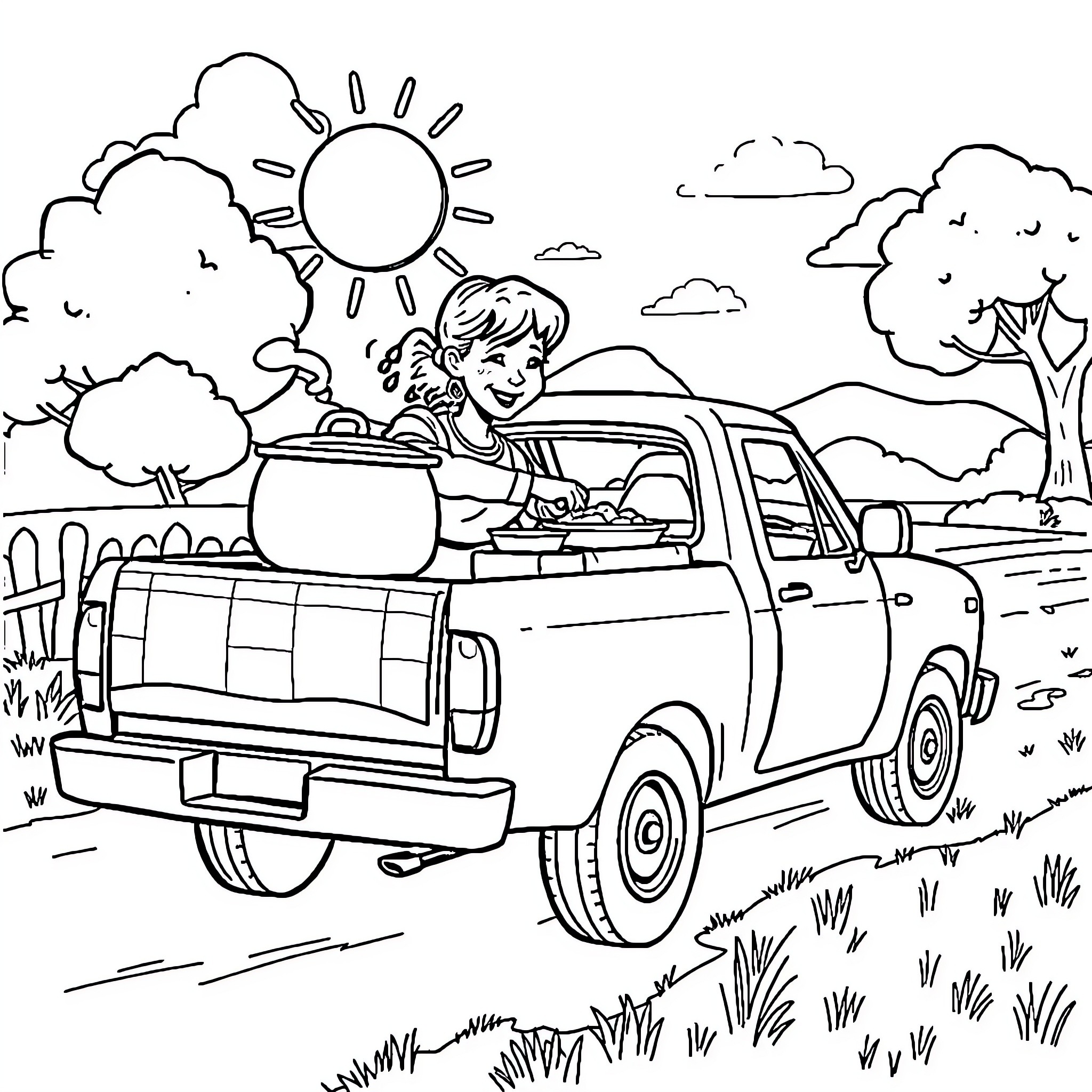 Mom enjoys a picnic in the countryside Coloring Page (free black-and-white line drawing printable PDF for all, from beginners to advanced learners, including children, teens, adults, and seniors)