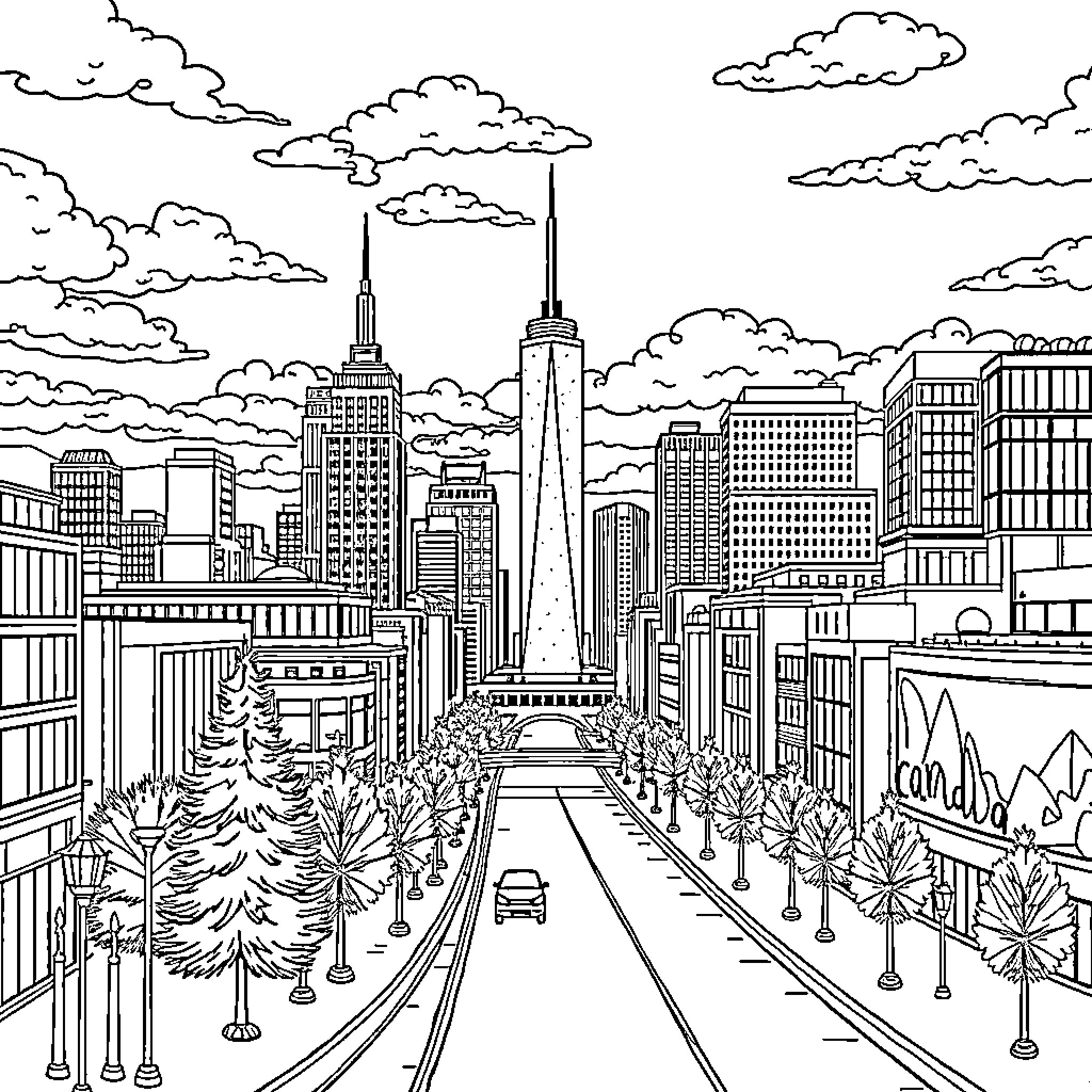 Brainrot: Cityscape with Skyscrapers and Urban Landscape Coloring Page (free black-and-white line drawing printable PDF for all, from beginners to advanced learners, including children, teens, adults, and seniors)