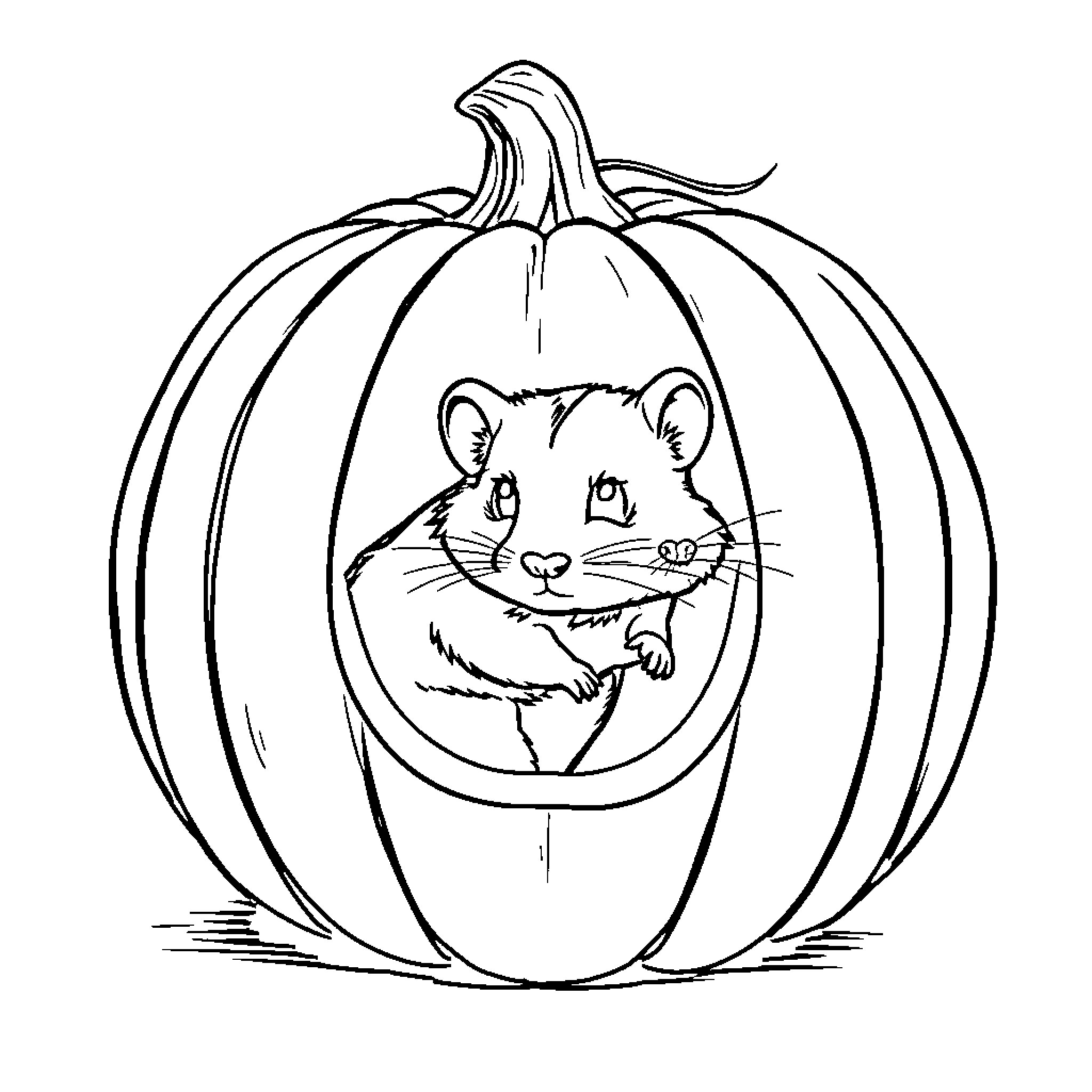 Pumpkin with a cute hamster inside Coloring Page (free black-and-white line drawing printable PDF for all, from beginners to advanced learners, including children, teens, adults, and seniors)