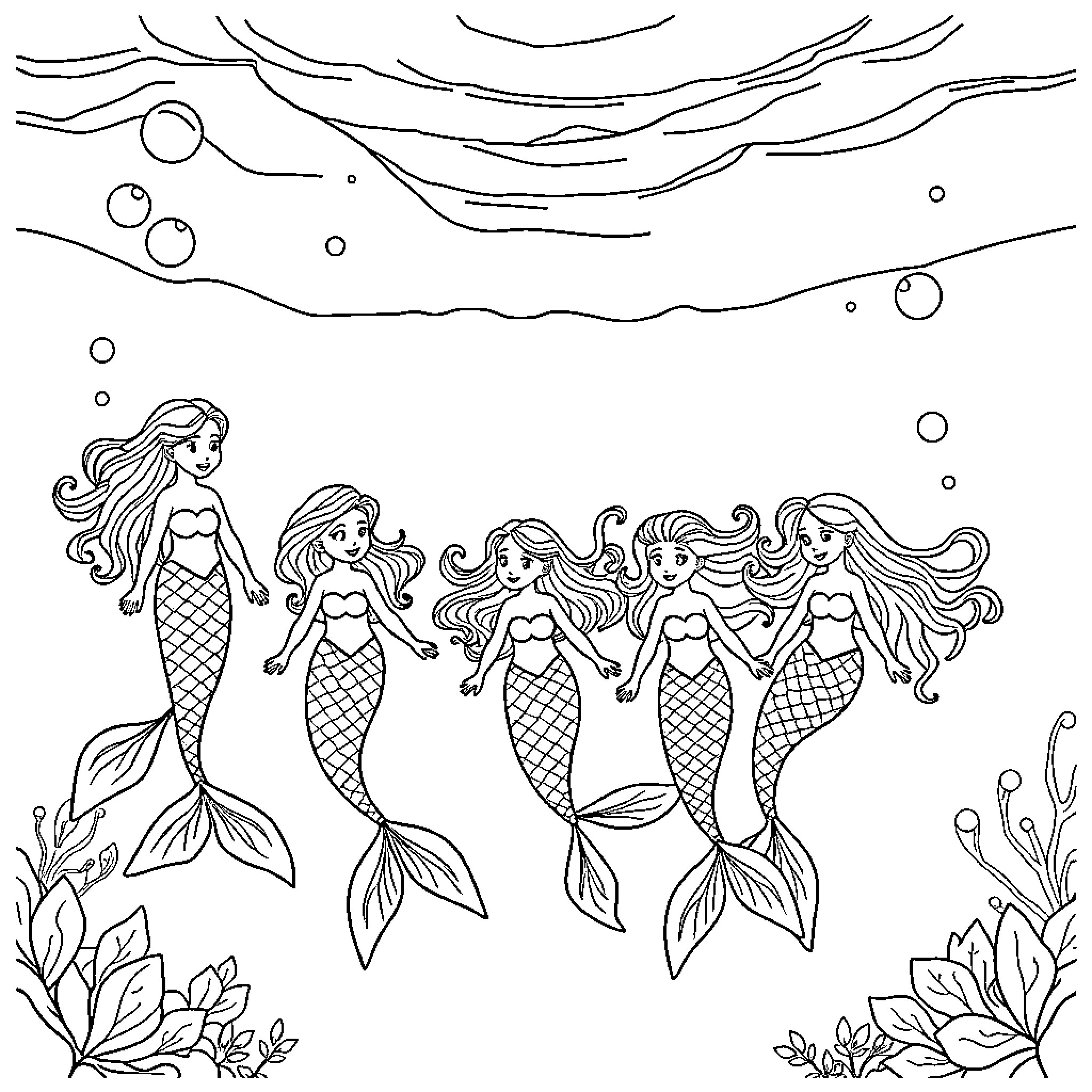 Mermaid family exploring the underwater world Coloring Page (free black-and-white line drawing printable PDF for all, from beginners to advanced learners, including children, teens, adults, and seniors)