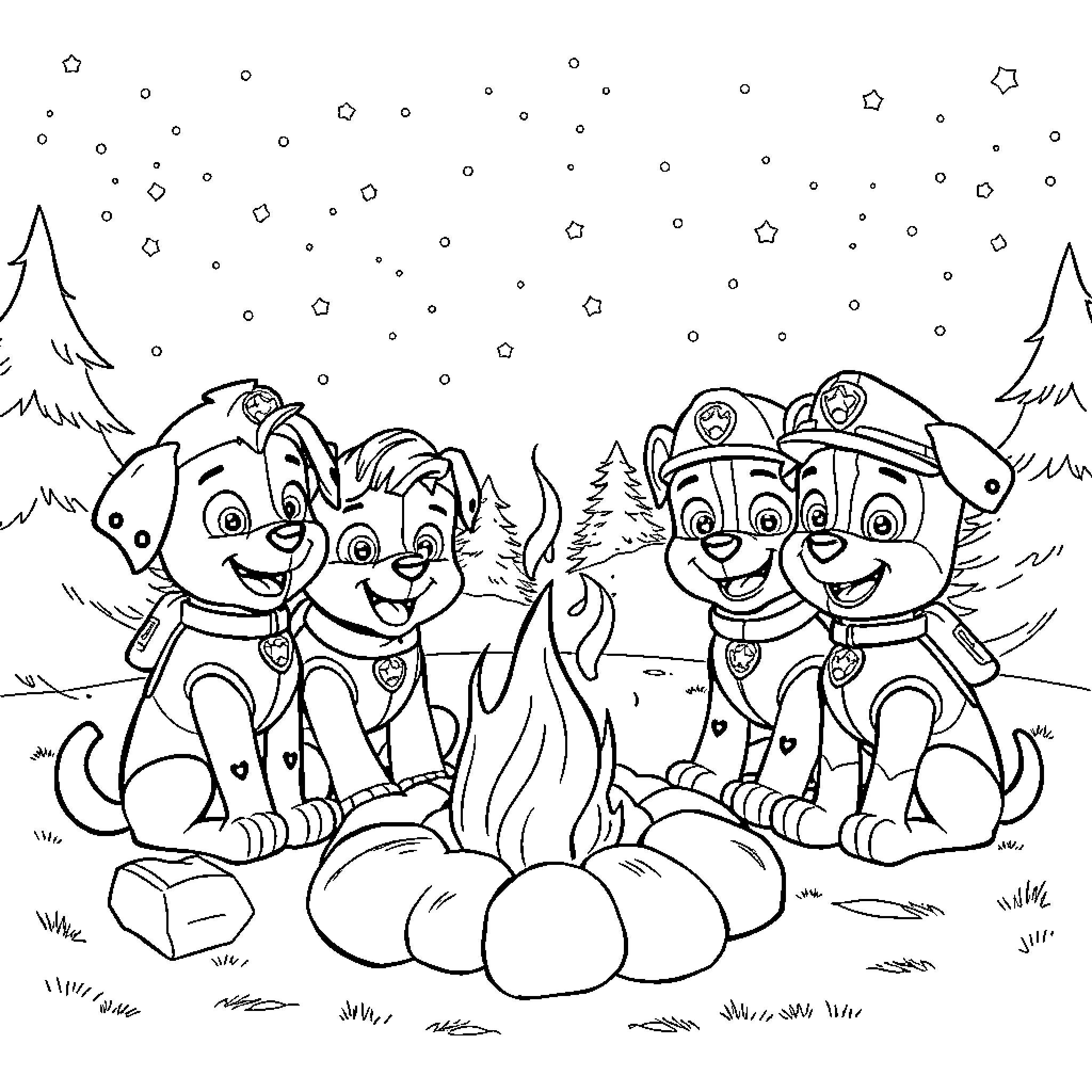 Paw Patrol Friends Enjoying Campfire in Snowy Forest Coloring Page (free black-and-white line drawing printable PDF for all, from beginners to advanced learners, including children, teens, adults, and seniors)