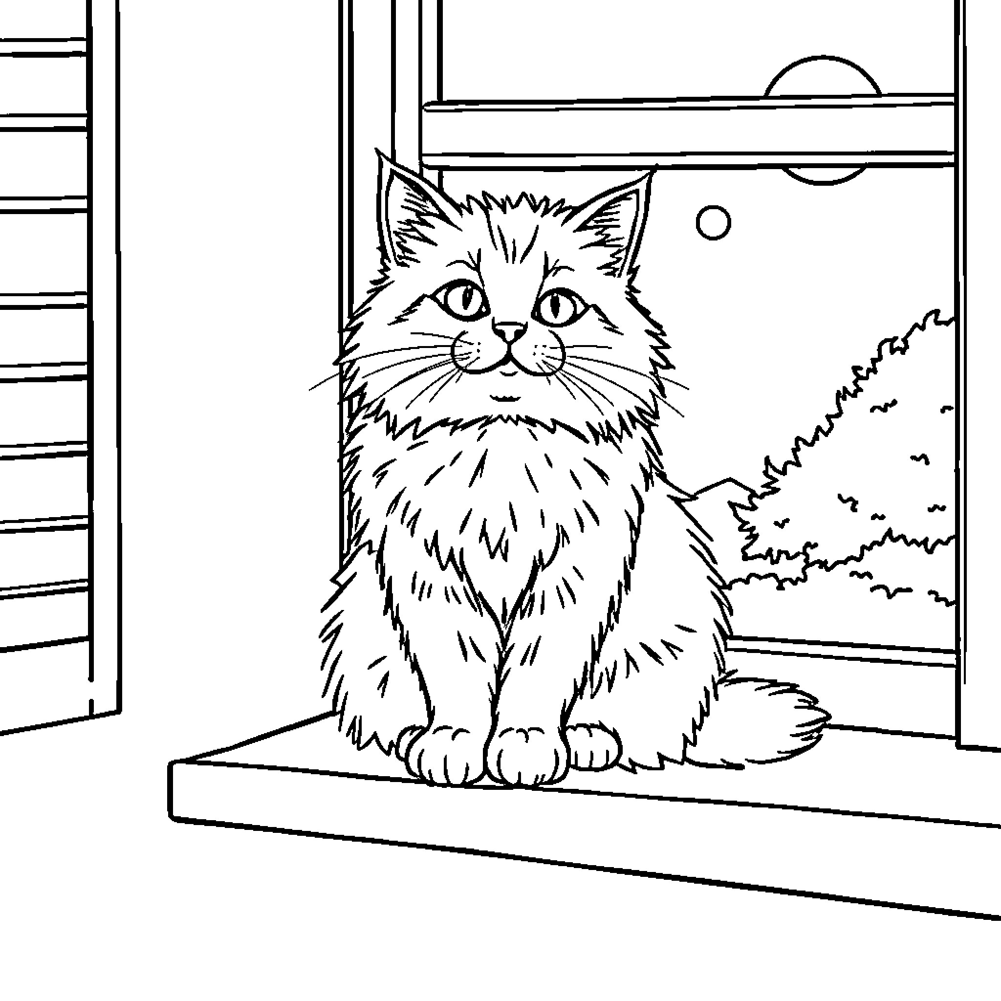 Cat sitting on window sill Coloring Page (free black-and-white line drawing printable PDF for all, from beginners to advanced learners, including children, teens, adults, and seniors)