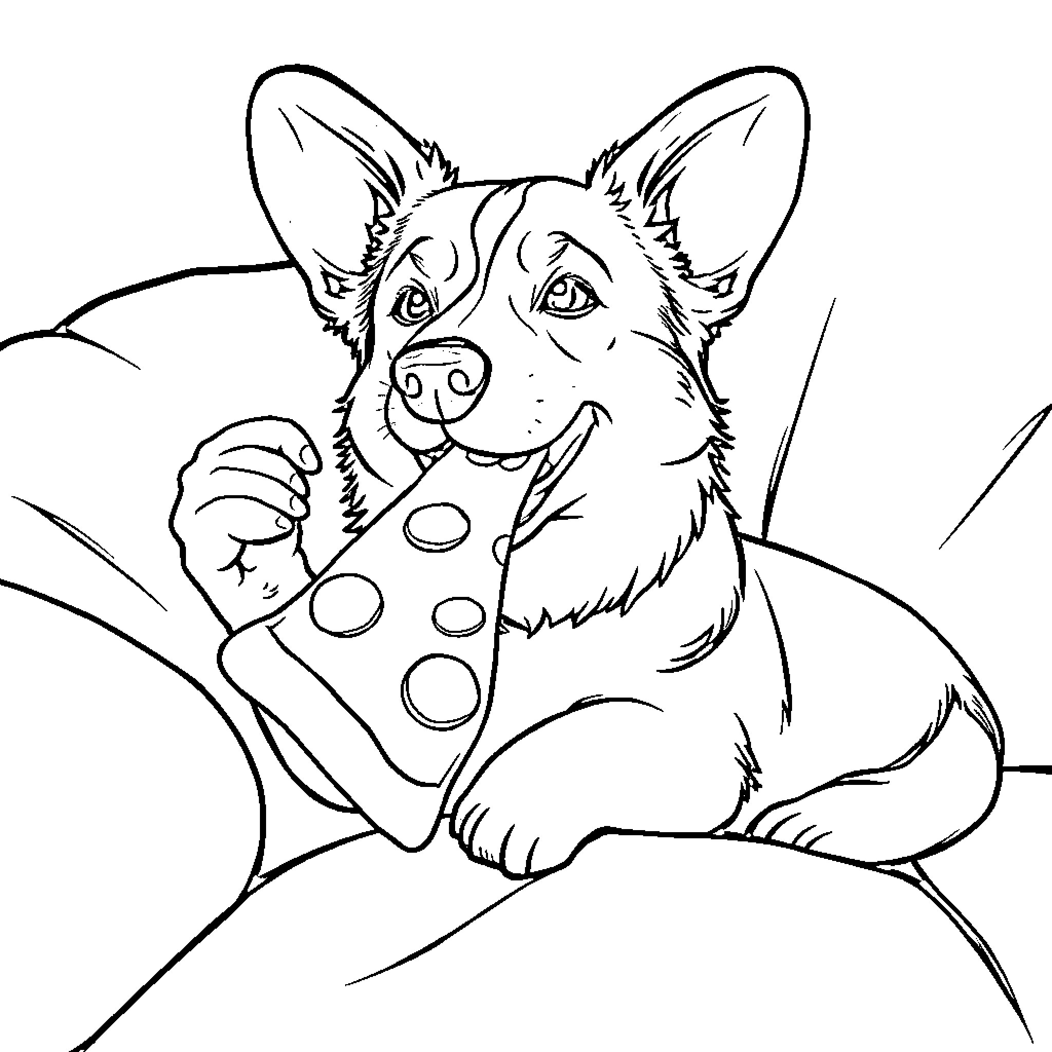 Corgi playing joyfully with its favorite toy Coloring Page (free black-and-white line drawing printable PDF for all, from beginners to advanced learners, including children, teens, adults, and seniors)