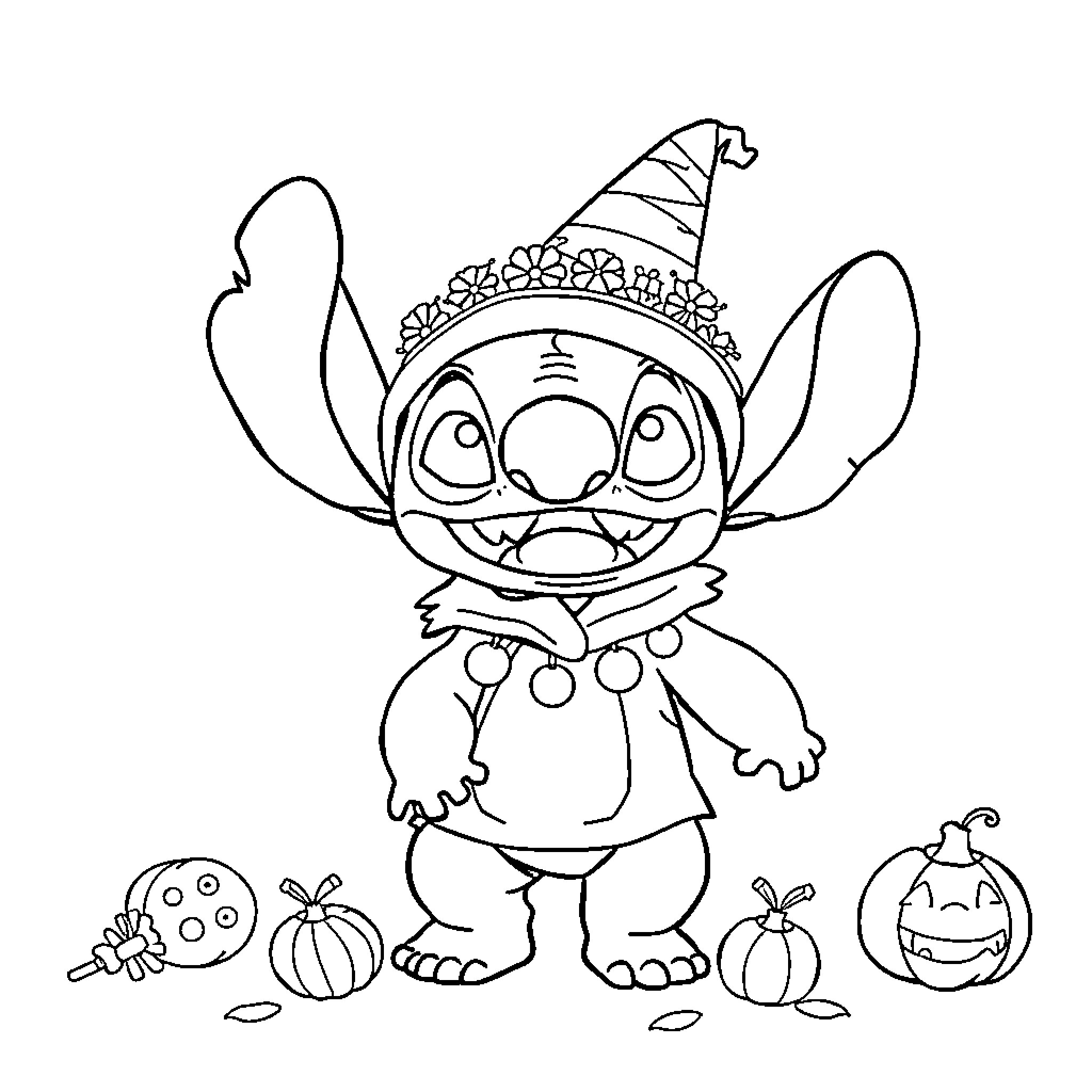 Stitch celebrating Halloween with pumpkins Coloring Page (free black-and-white line drawing printable PDF for all, from beginners to advanced learners, including children, teens, adults, and seniors)