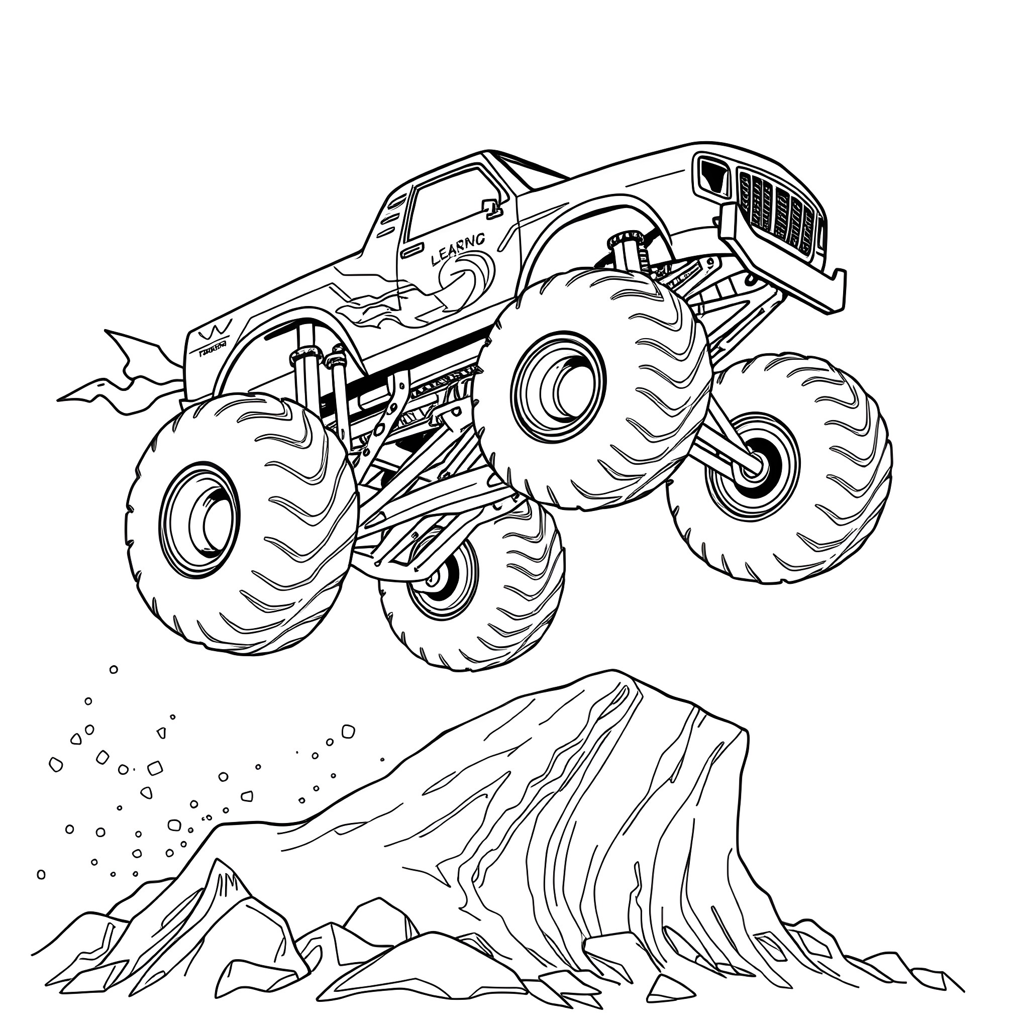 Megalodon Monster Truck Jumping Over Rocks Coloring Page (free black-and-white line drawing printable PDF for all, from beginners to advanced learners, including children, teens, adults, and seniors)