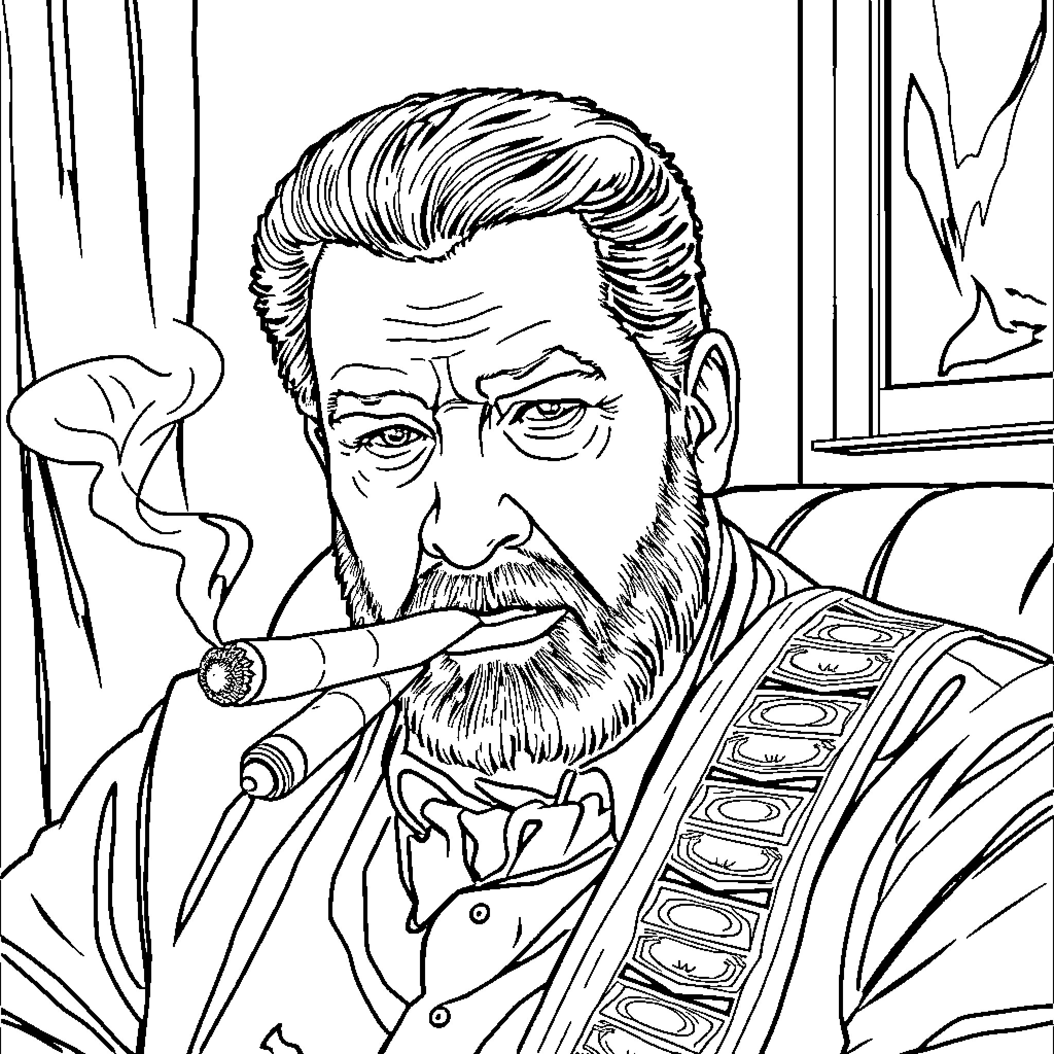 Saddam Hussein smoking a cigar in contemplative pose Coloring Page (free black-and-white line drawing printable PDF for all, from beginners to advanced learners, including children, teens, adults, and seniors)