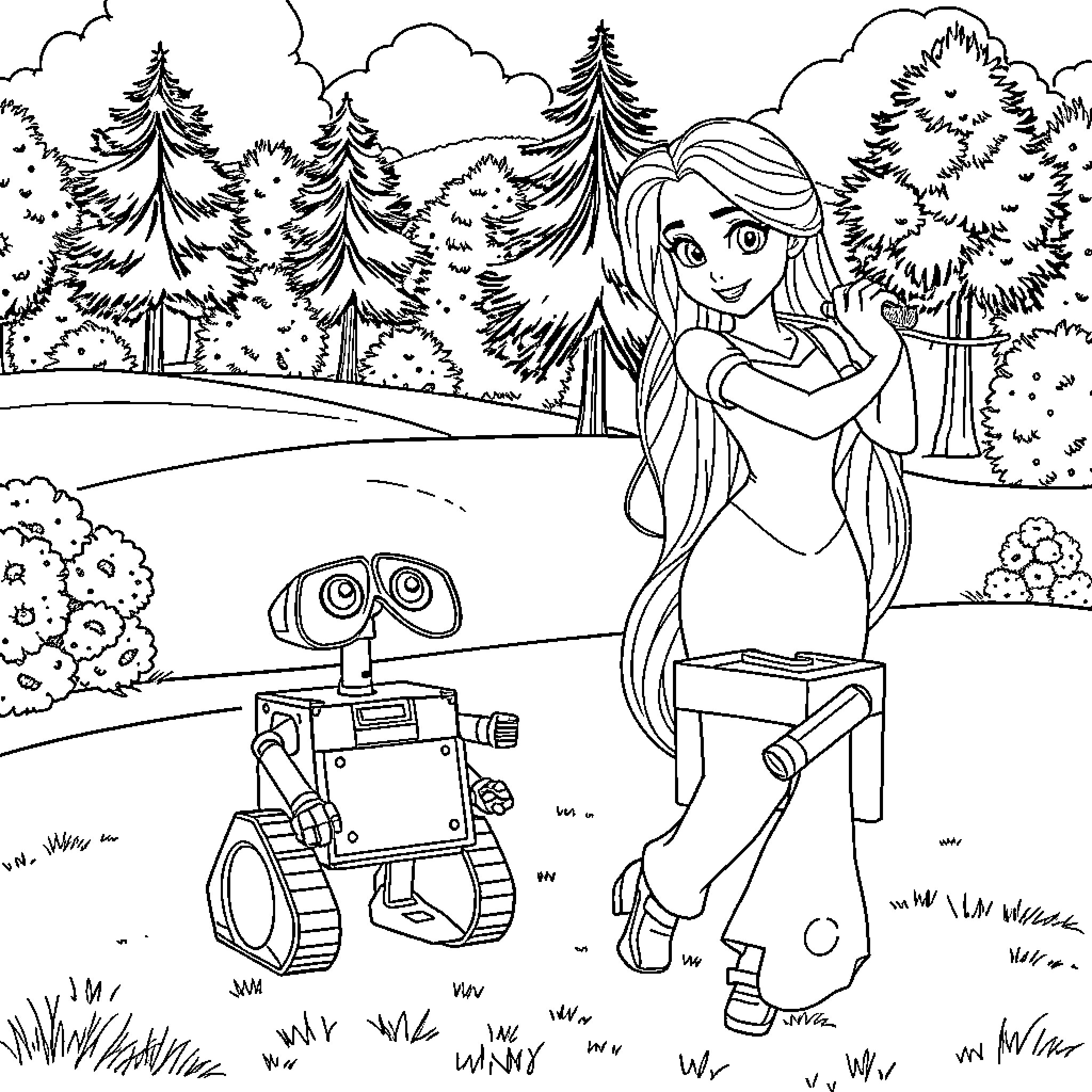 Rapunzel exploring the forest with her robot companion Coloring Page (free black-and-white line drawing printable PDF for all, from beginners to advanced learners, including children, teens, adults, and seniors)