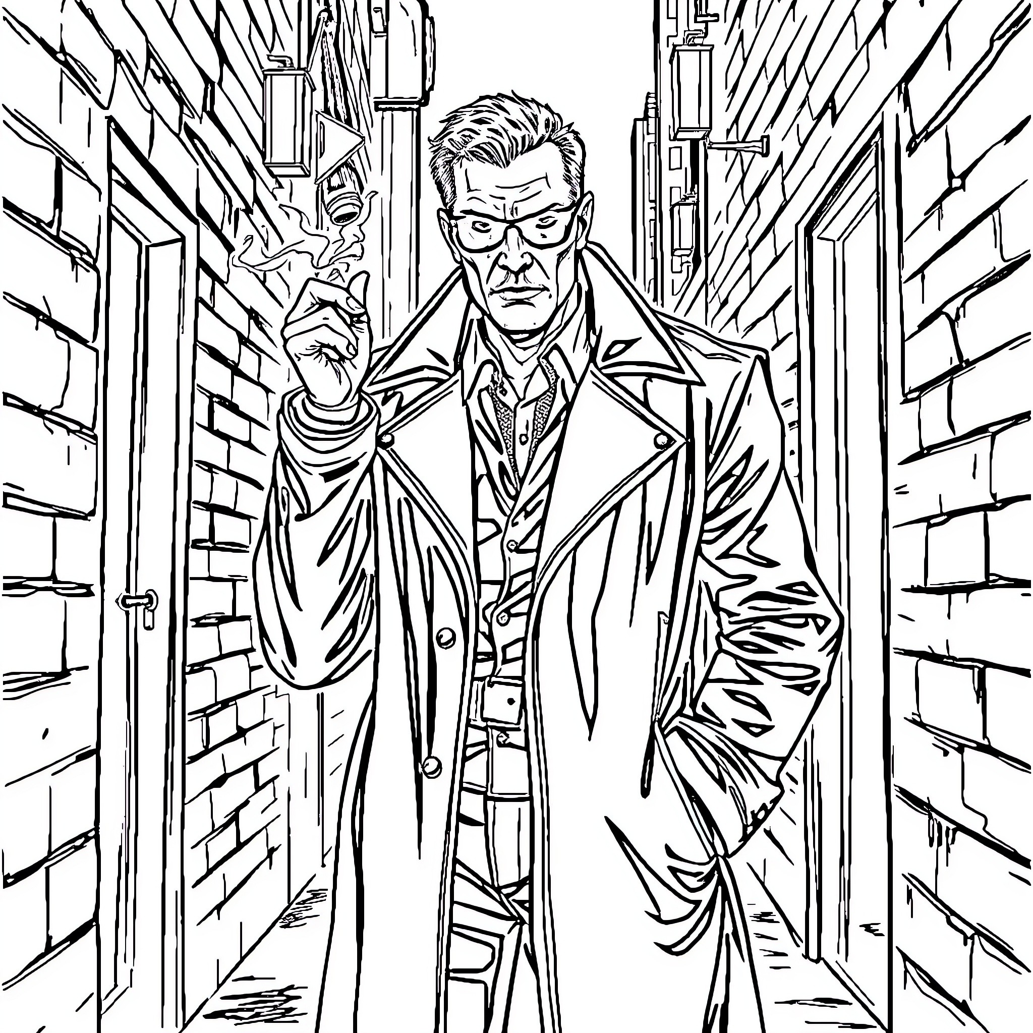 Gangster Walks Down Dark Alleyway Coloring Page (free black-and-white line drawing printable PDF for all, from beginners to advanced learners, including children, teens, adults, and seniors)