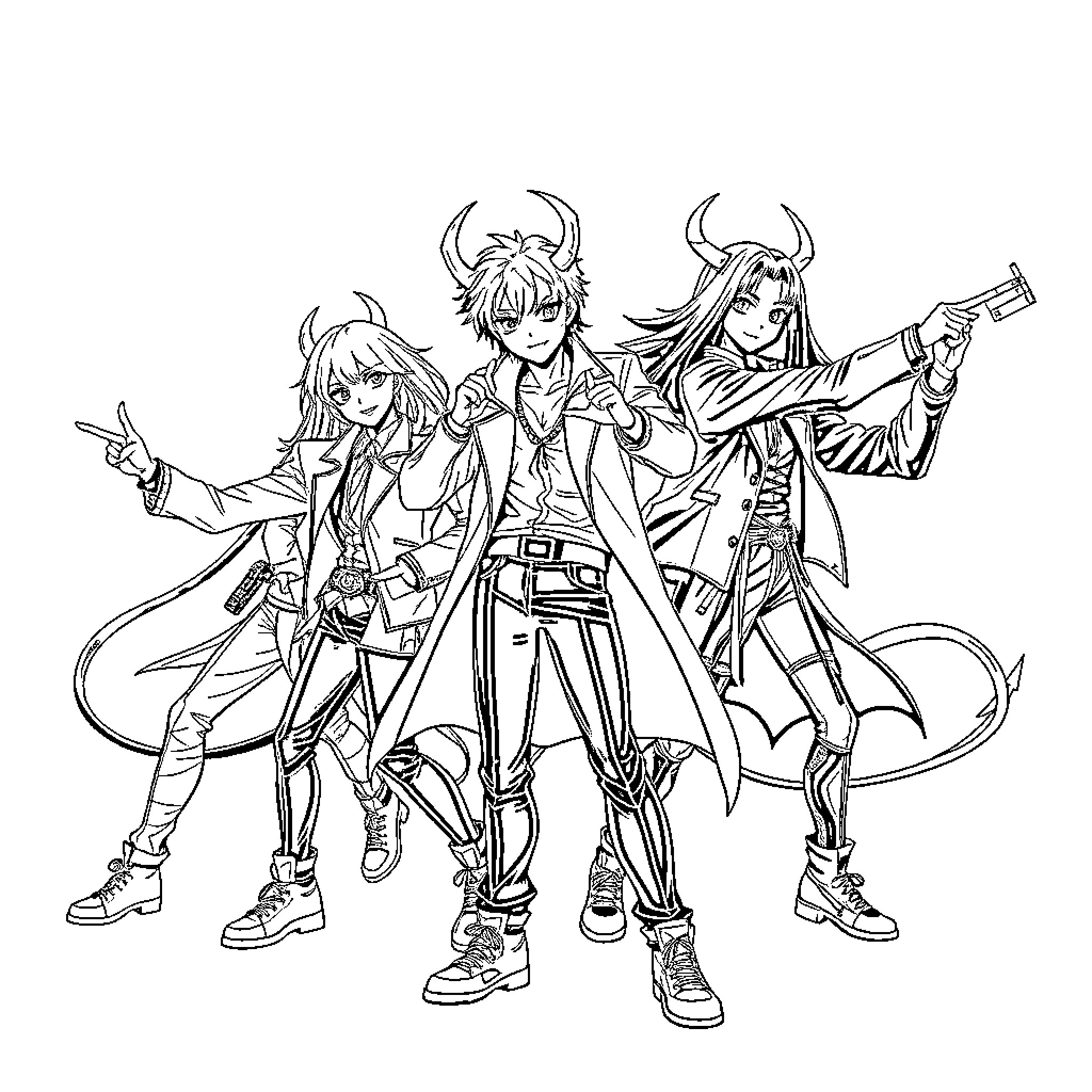 Demon Hunter Squad on the Battlefield Coloring Page (free black-and-white line drawing printable PDF for all, from beginners to advanced learners, including children, teens, adults, and seniors)