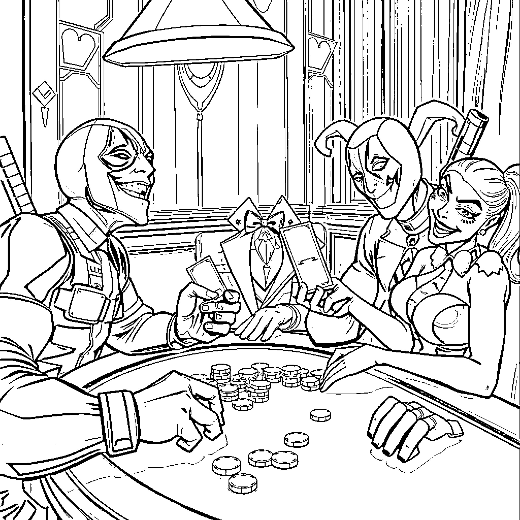Deadpool and friends playing cards and gambling Coloring Page (free black-and-white line drawing printable PDF for all, from beginners to advanced learners, including children, teens, adults, and seniors)
