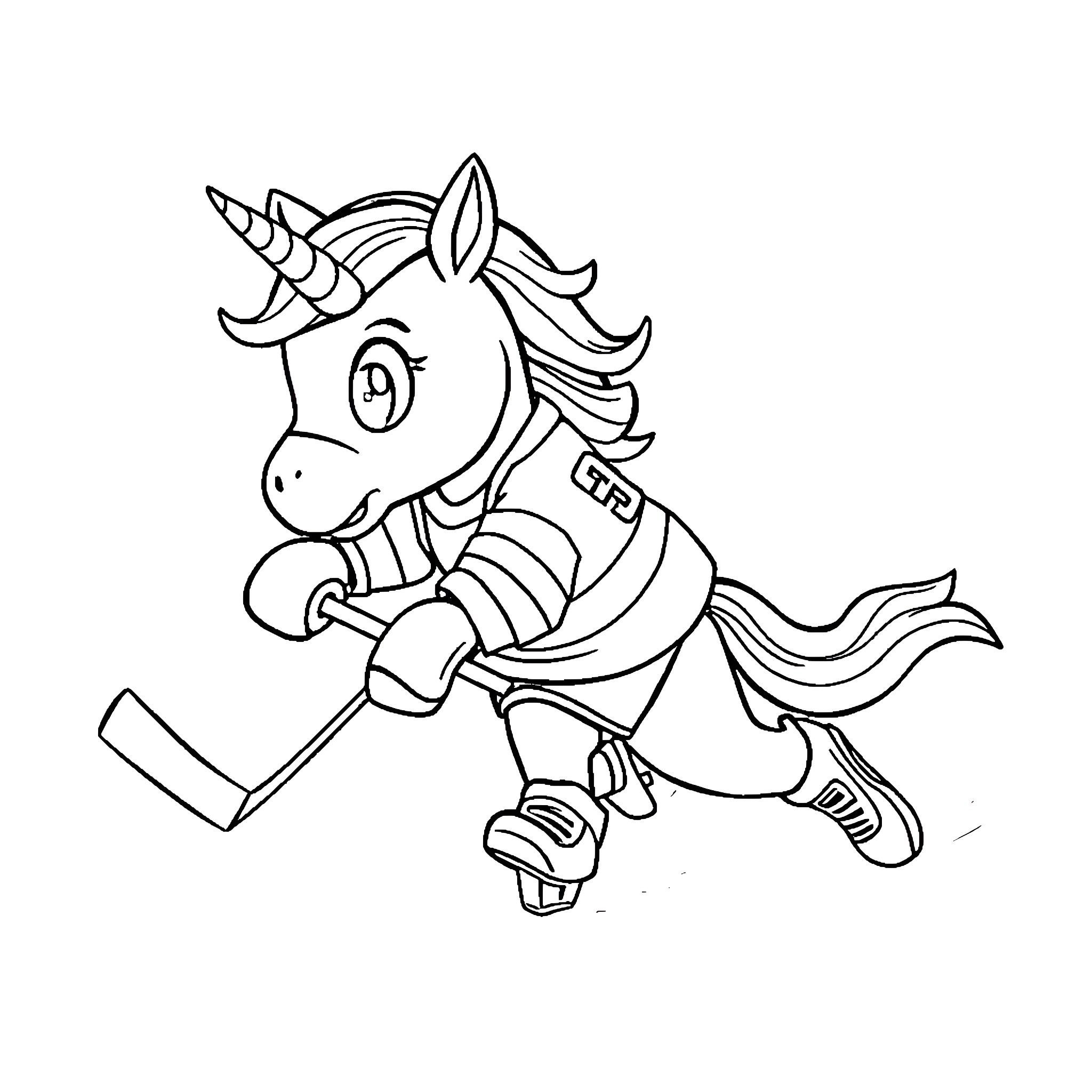 Unicorn riding roller skates with enthusiasm Coloring Page (free black-and-white line drawing printable PDF for all, from beginners to advanced learners, including children, teens, adults, and seniors)