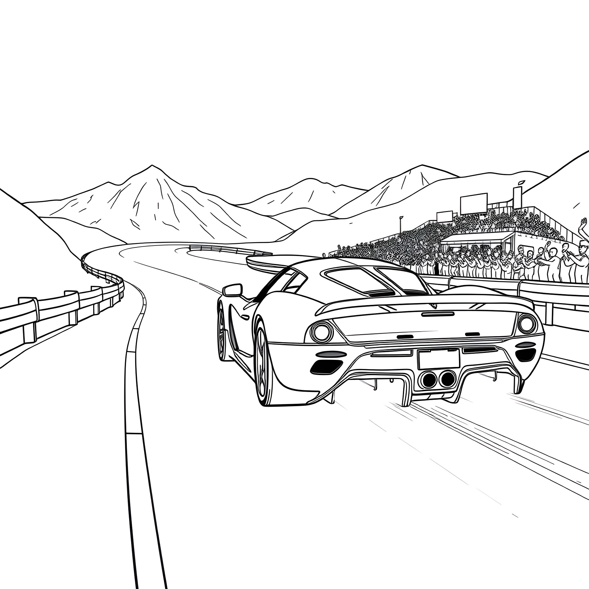 Car racing on a winding mountain road Coloring Page (free black-and-white line drawing printable PDF for all, from beginners to advanced learners, including children, teens, adults, and seniors)