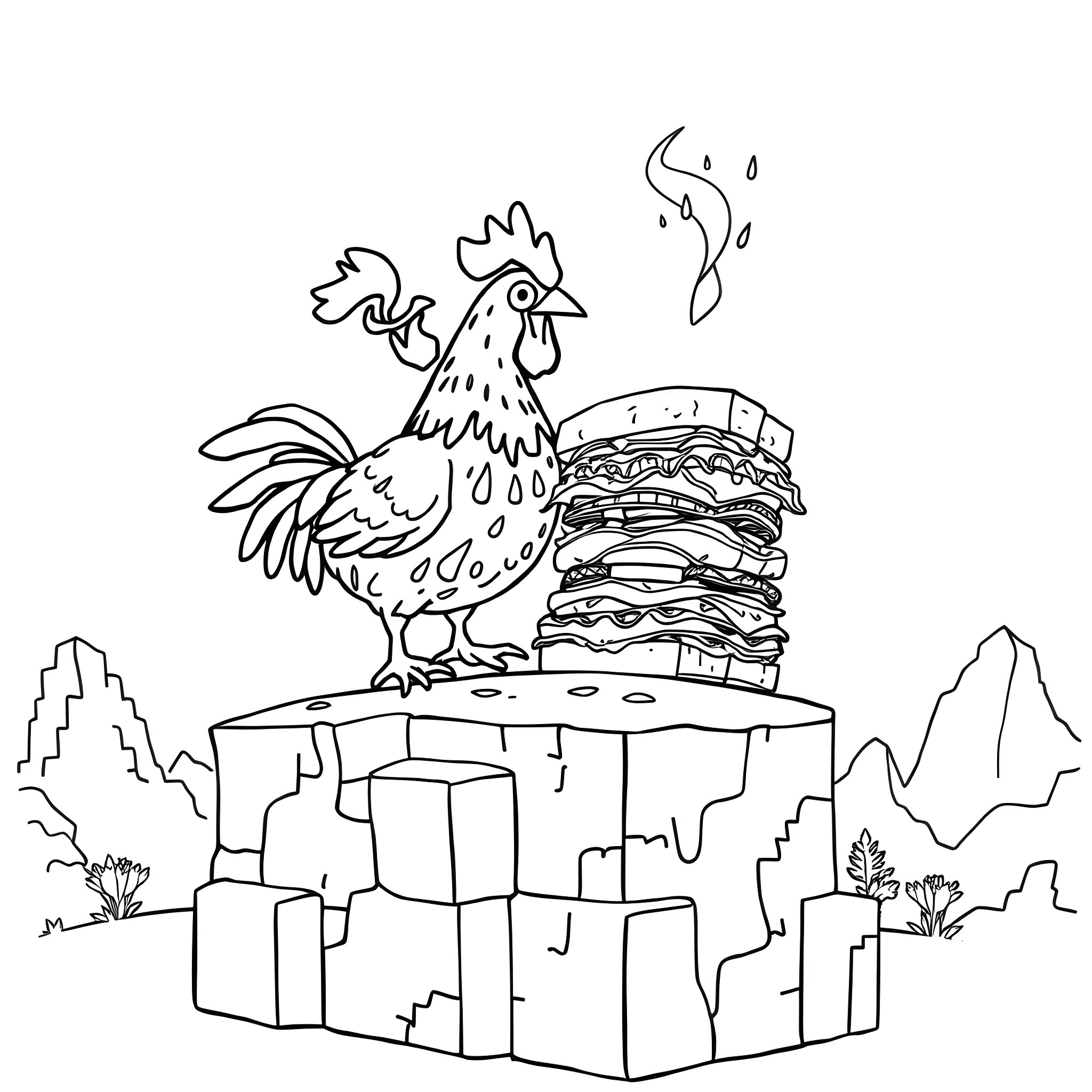 Chicken on a floating island with a giant burger Coloring Page (free black-and-white line drawing printable PDF for all, from beginners to advanced learners, including children, teens, adults, and seniors)