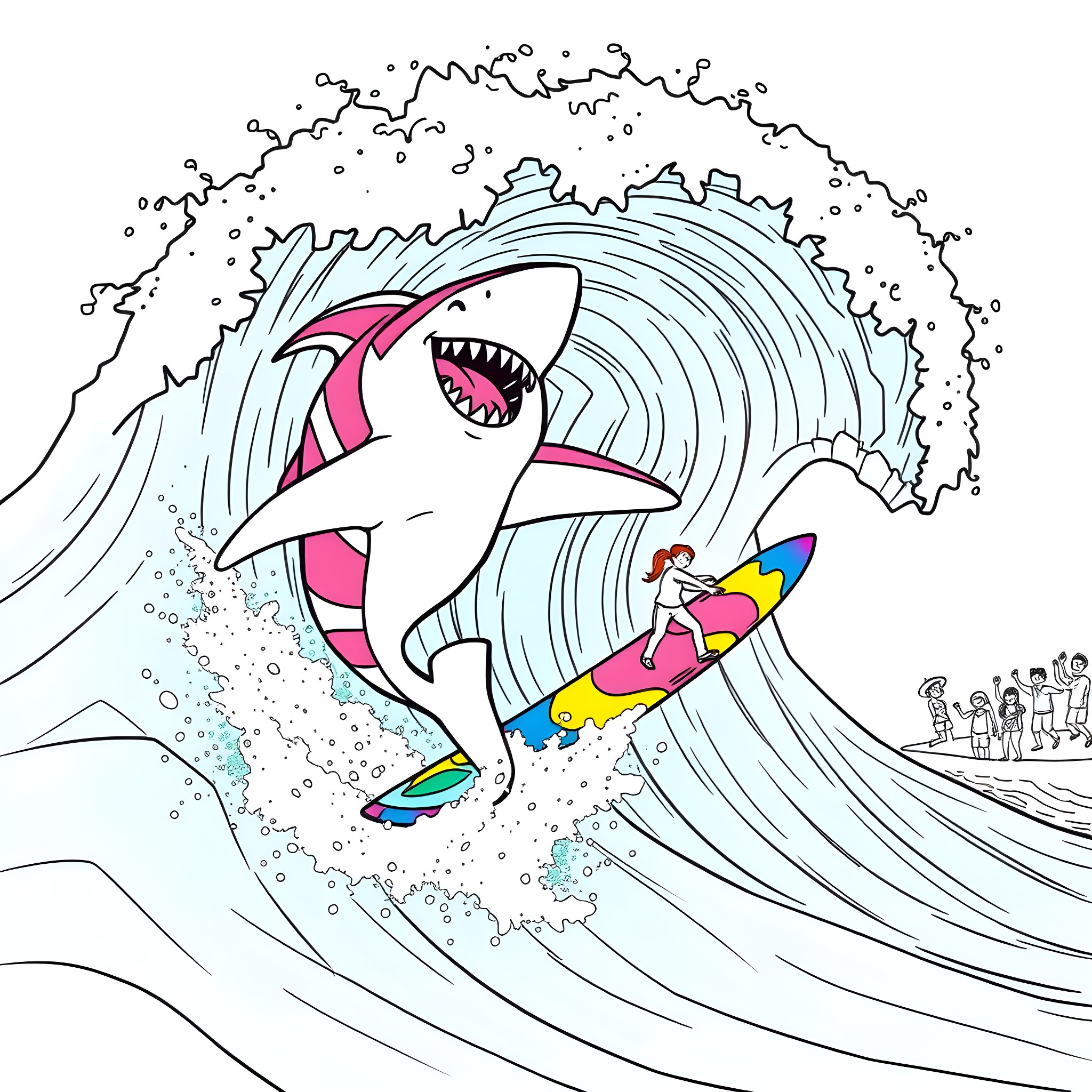 Clown Shark Surfing with Joy in Crashing Waves Coloring Page (free black-and-white line drawing printable PDF for all, from beginners to advanced learners, including children, teens, adults, and seniors)