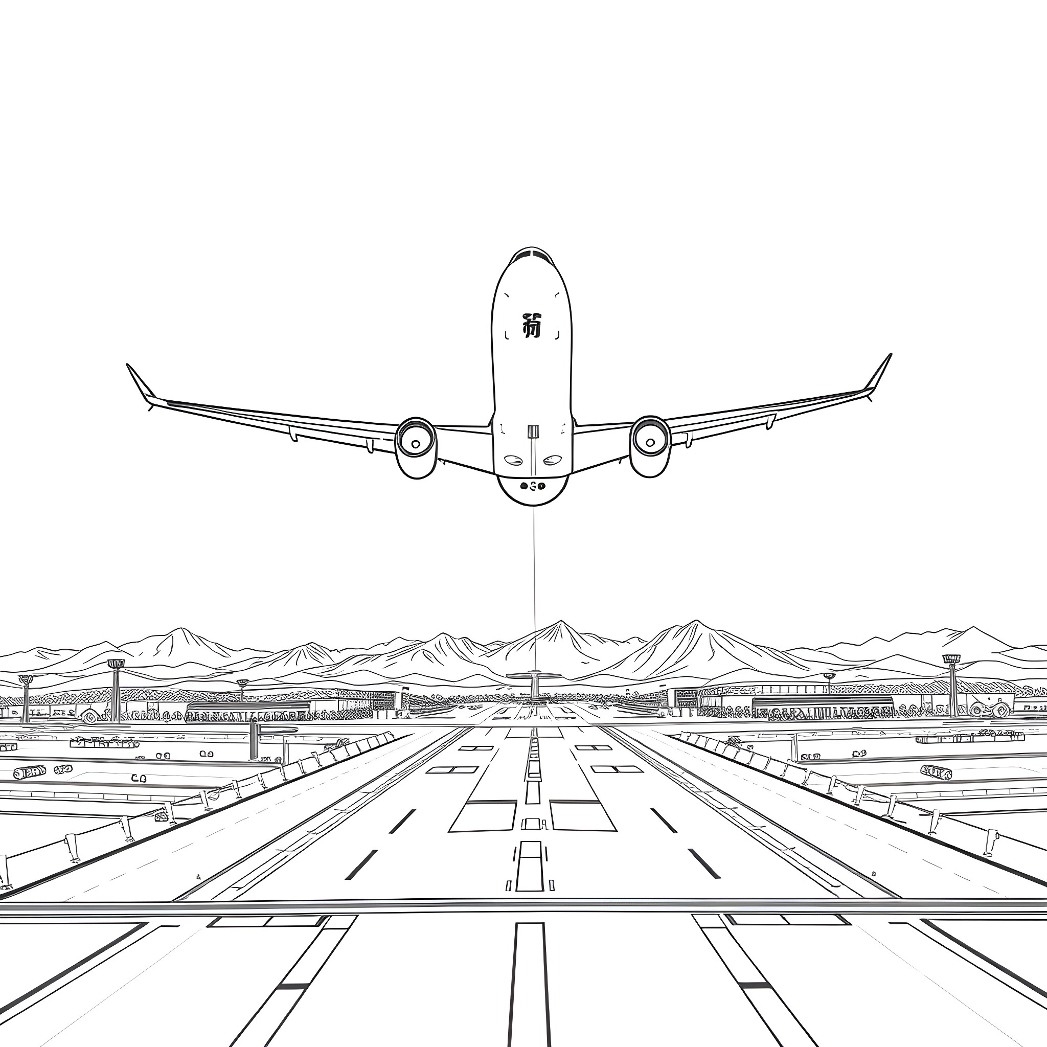 Plane approaching airport runway with mountain landscape Coloring Page (free black-and-white line drawing printable PDF for all, from beginners to advanced learners, including children, teens, adults, and seniors)