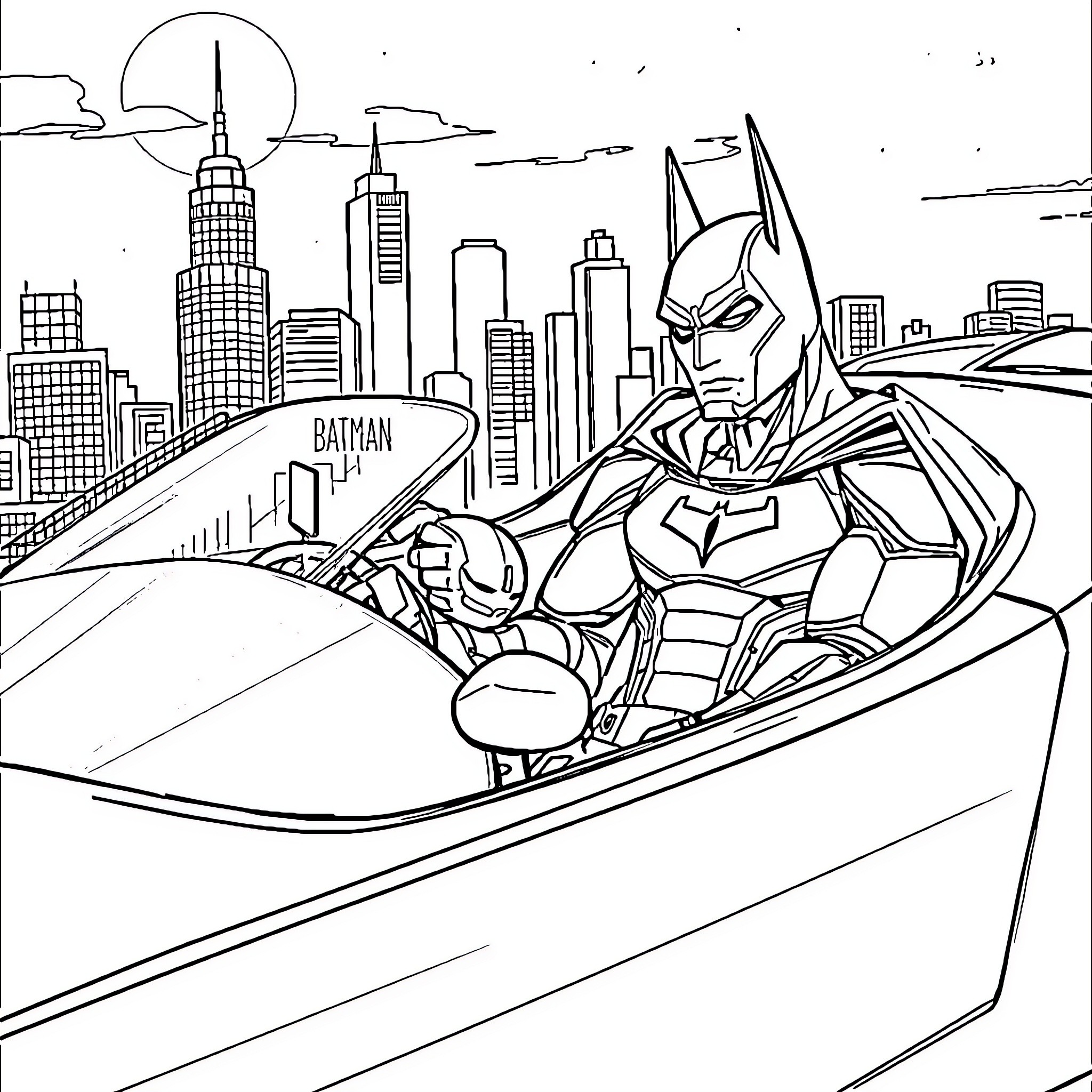 Ironman in Futuristic City Landscape Coloring Page (free black-and-white line drawing printable PDF for all, from beginners to advanced learners, including children, teens, adults, and seniors)