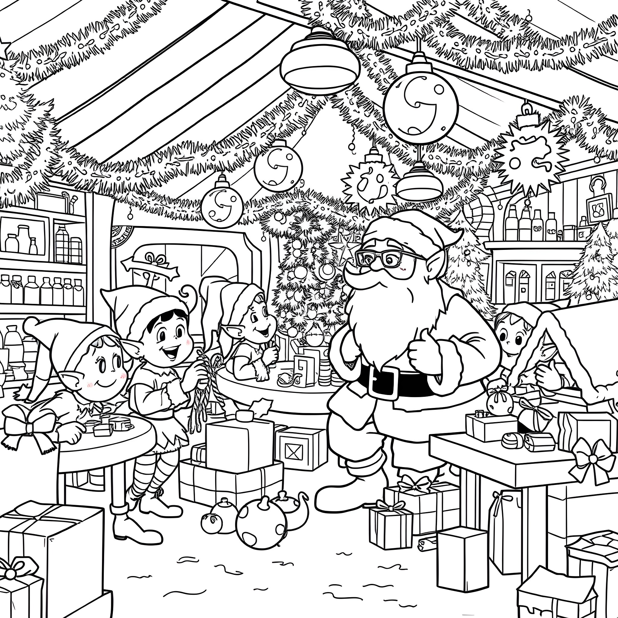 Santa's Workshop with Elves and Gifts Coloring Page (free black-and-white line drawing printable PDF for all, from beginners to advanced learners, including children, teens, adults, and seniors)