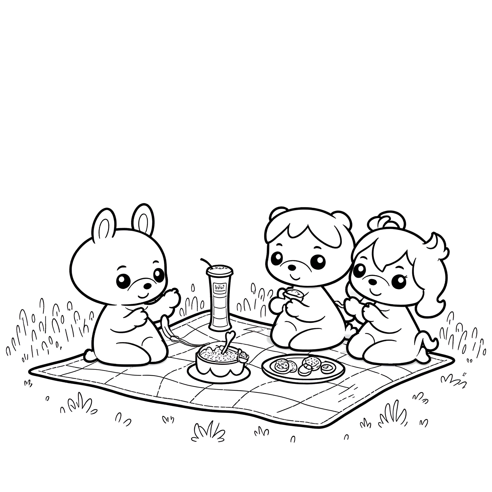 Sprunki having a picnic in the park Coloring Page (free black-and-white line drawing printable PDF for all, from beginners to advanced learners, including children, teens, adults, and seniors)