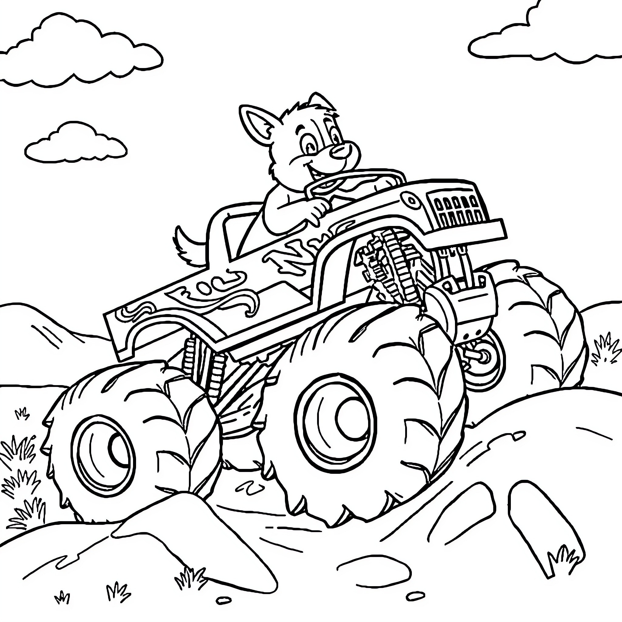 Bluey driving a big monster truck over terrain Coloring Page (free black-and-white line drawing printable PDF for all, from beginners to advanced learners, including children, teens, adults, and seniors)