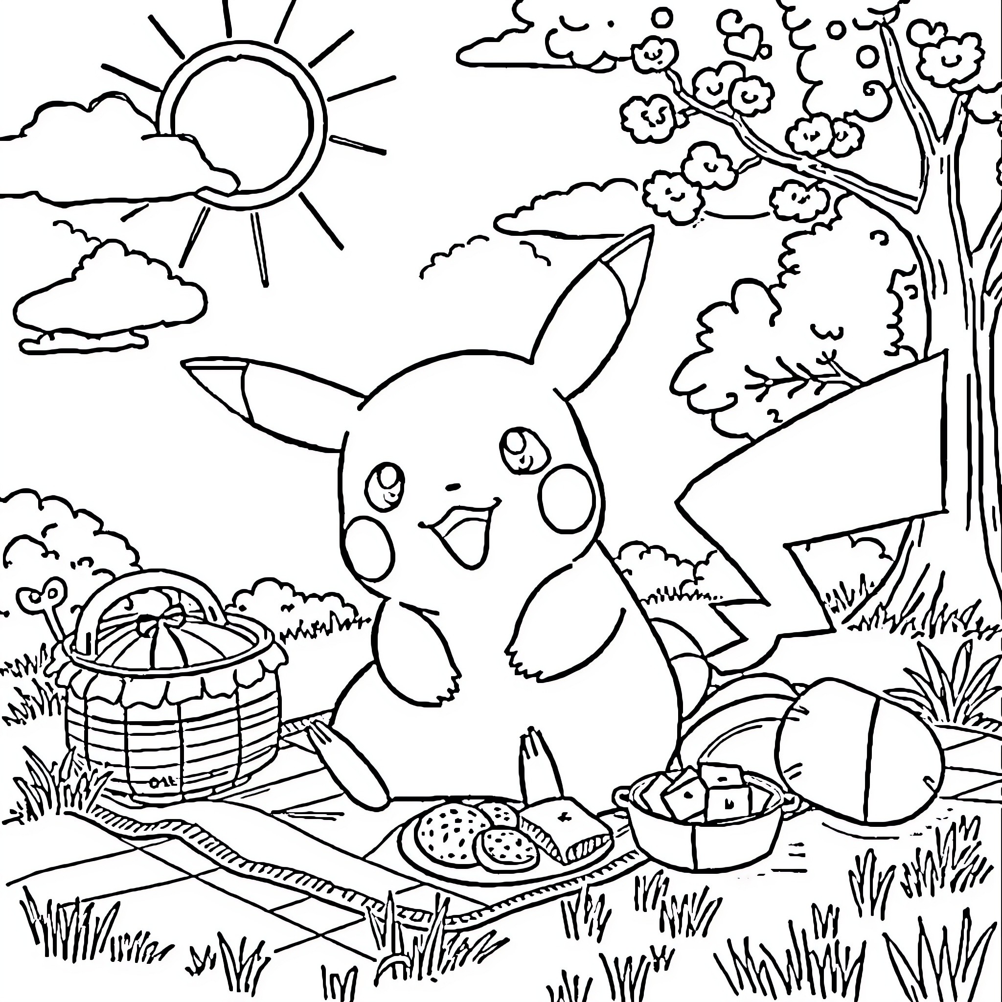 Pikachu enjoying a picnic in the park Coloring Page (free black-and-white line drawing printable PDF for all, from beginners to advanced learners, including children, teens, adults, and seniors)