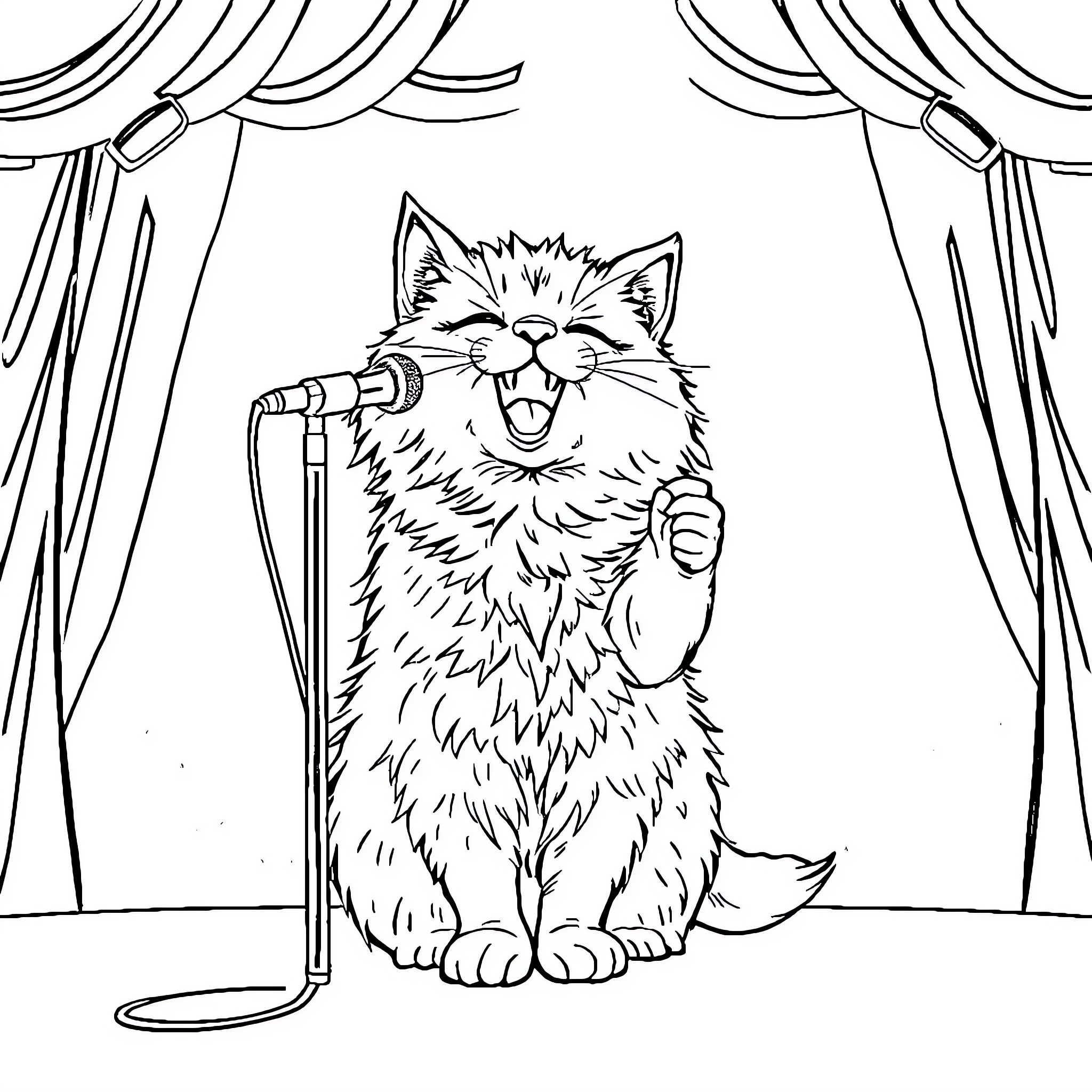 Cat singing on stage with a microphone Coloring Page (free black-and-white line drawing printable PDF for all, from beginners to advanced learners, including children, teens, adults, and seniors)