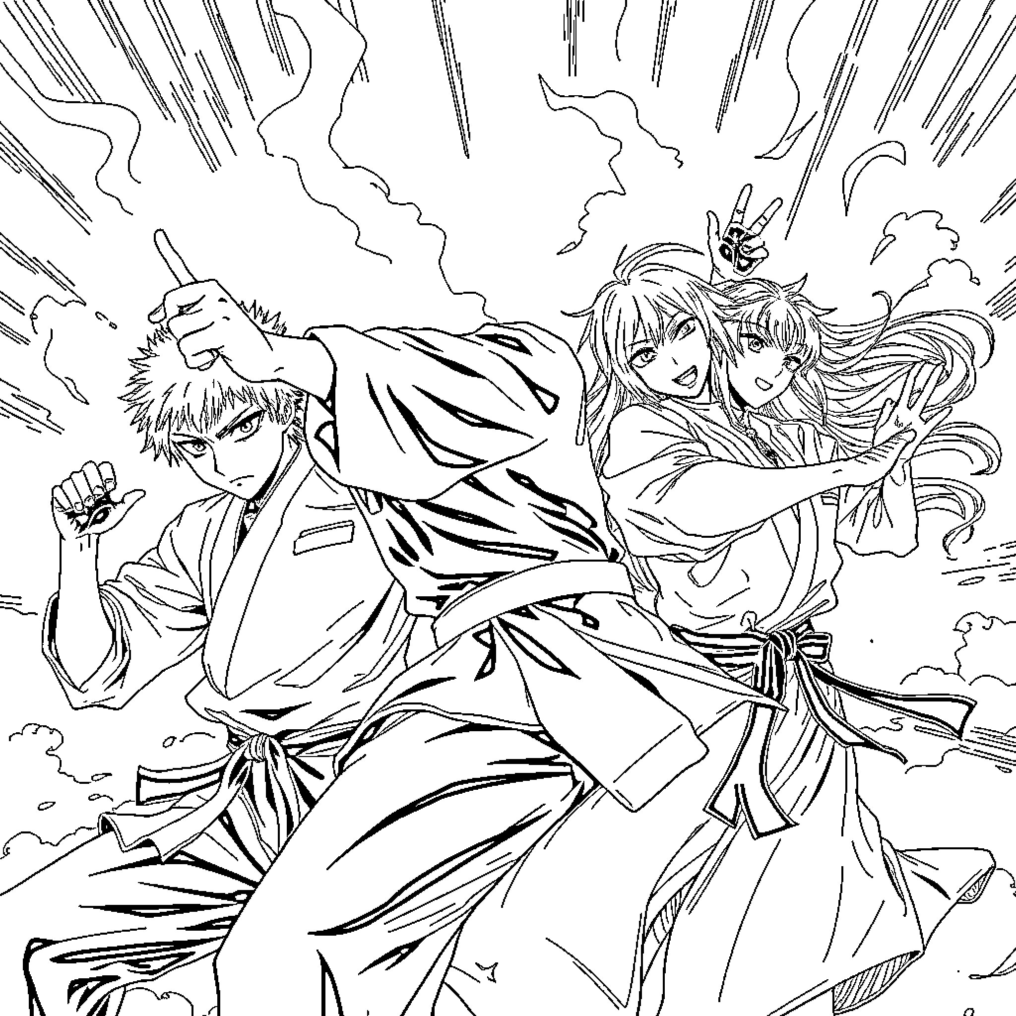 Jujutsu Kaisen: Intense Battle with Powerful Combatants Coloring Page (free black-and-white line drawing printable PDF for all, from beginners to advanced learners, including children, teens, adults, and seniors)