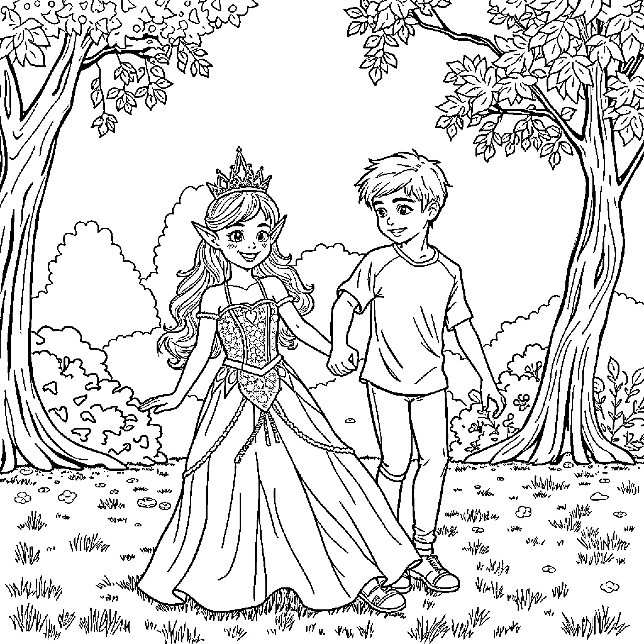Elven Queen and her companion explore the enchanted forest Coloring Page (free black-and-white line drawing printable PDF for all, from beginners to advanced learners, including children, teens, adults, and seniors)