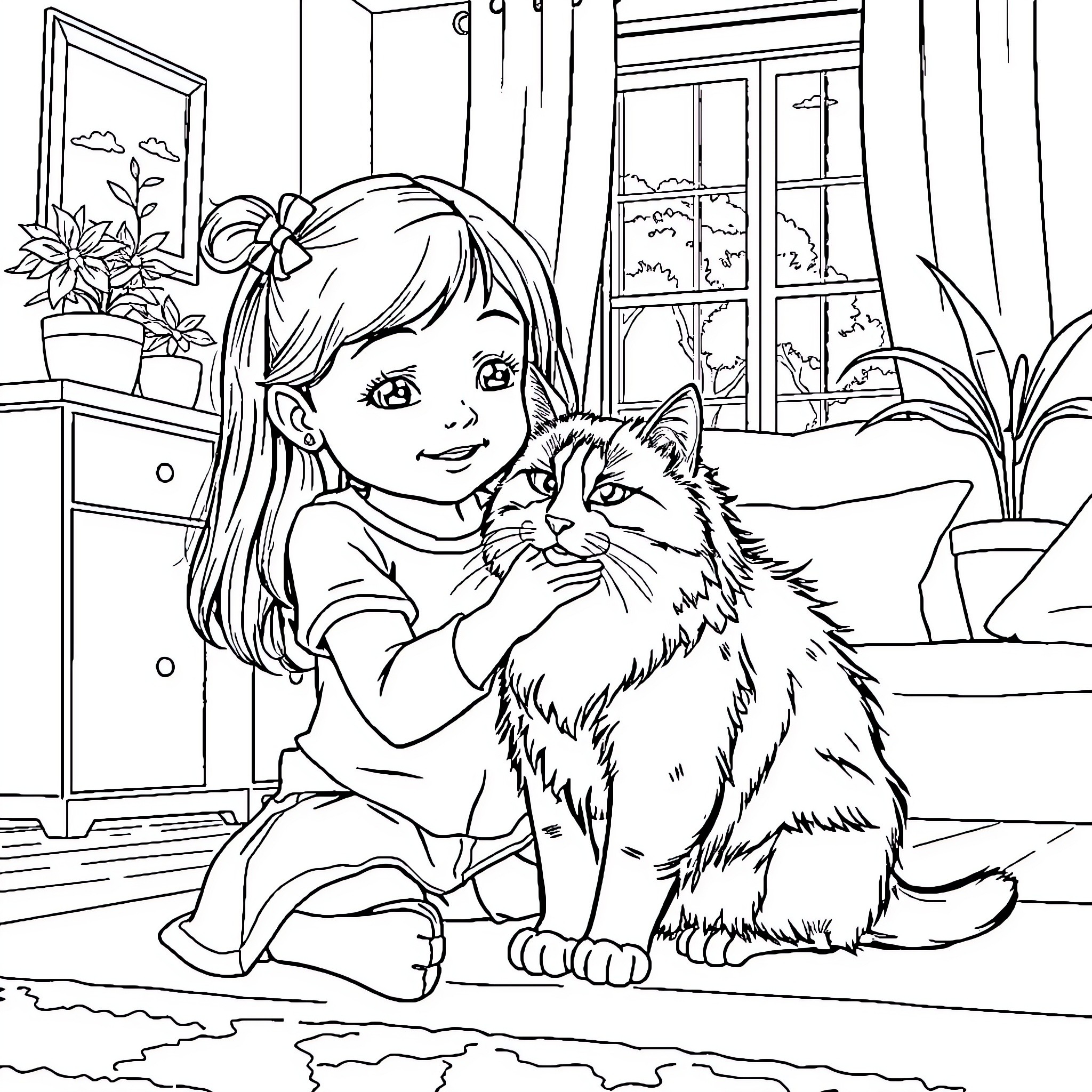 Girl cuddling her pet cat at home Coloring Page (free black-and-white line drawing printable PDF for all, from beginners to advanced learners, including children, teens, adults, and seniors)