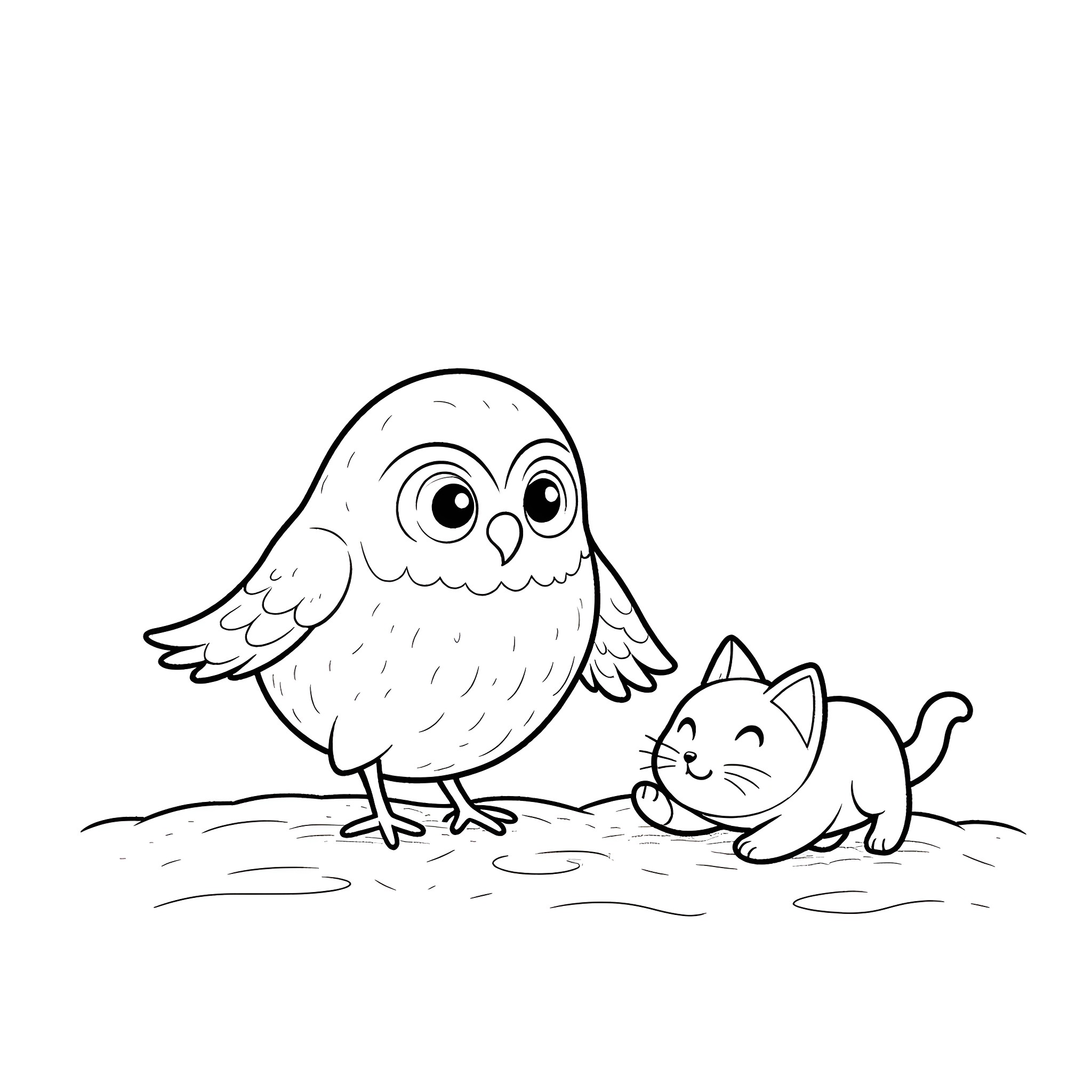 Owl and kitten in the field Coloring Page (free black-and-white line drawing printable PDF for all, from beginners to advanced learners, including children, teens, adults, and seniors)