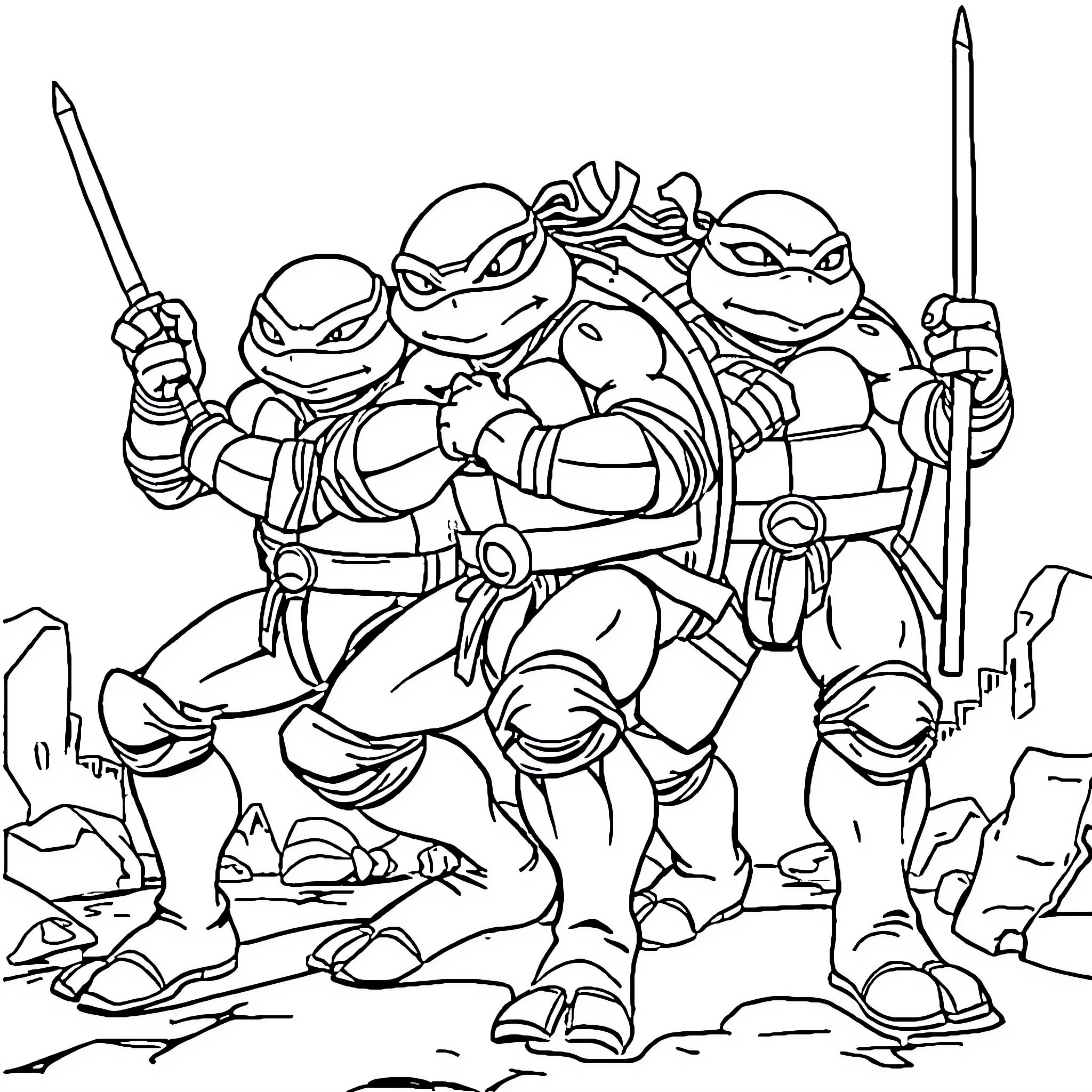 Ninja Turtles engaged in combat with weapons Coloring Page (free black-and-white line drawing printable PDF for all, from beginners to advanced learners, including children, teens, adults, and seniors)