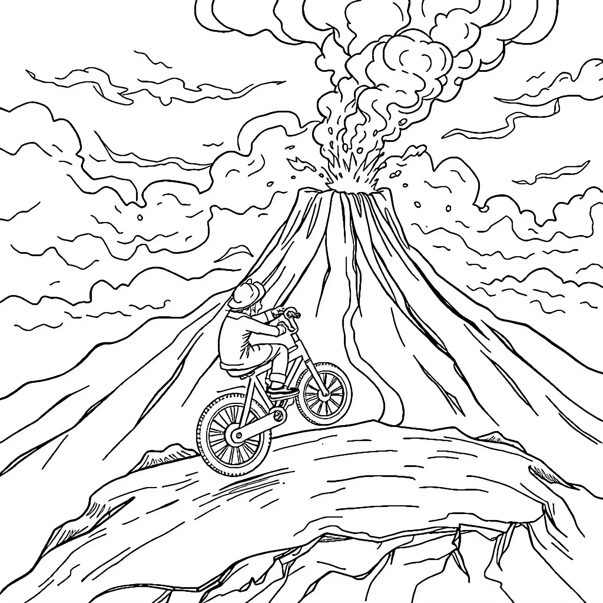 Midget Cycling Near Erupting Volcano Coloring Page (free black-and-white line drawing printable PDF for all, from beginners to advanced learners, including children, teens, adults, and seniors)