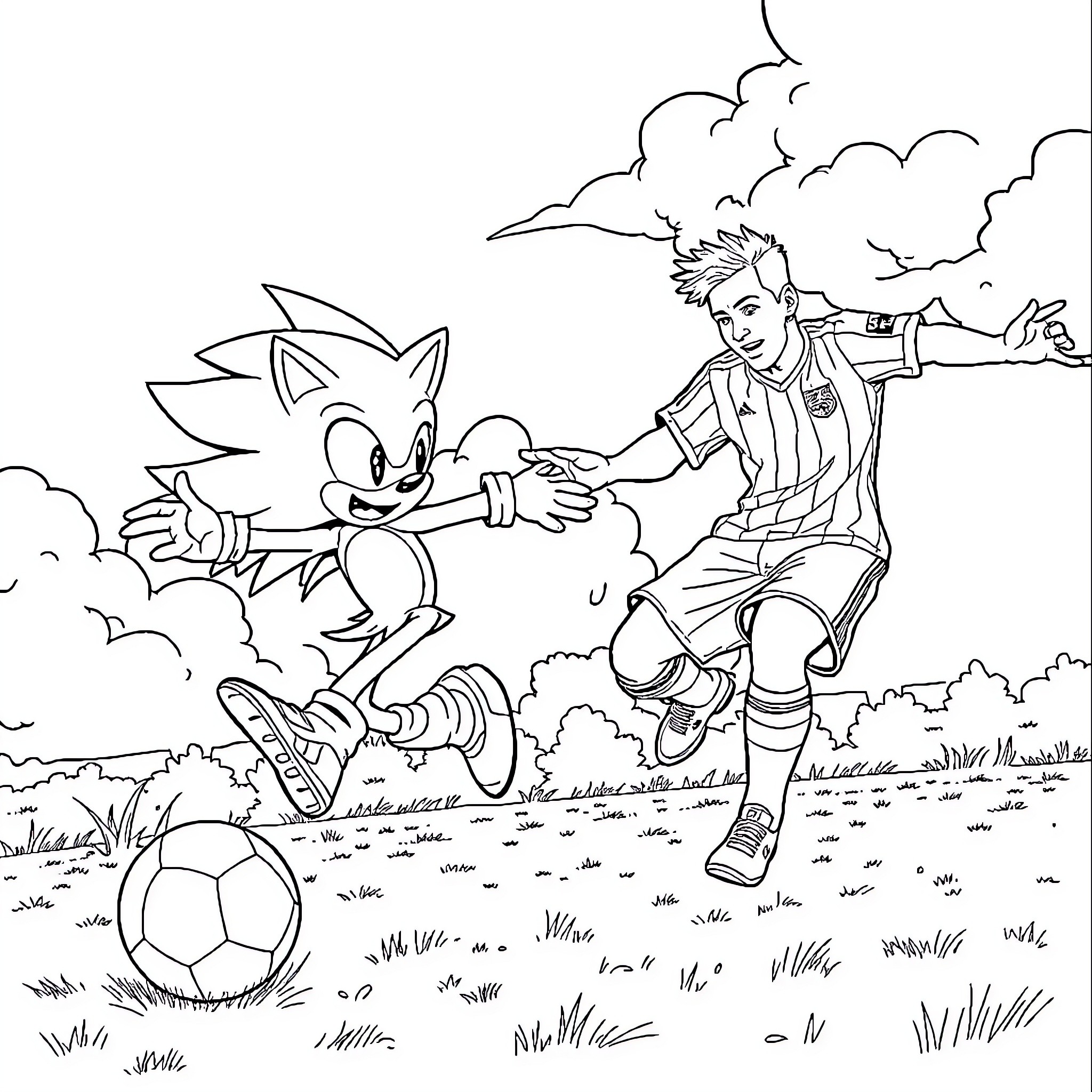 Sonic chasing the soccer ball with human friend Coloring Page (free black-and-white line drawing printable PDF for all, from beginners to advanced learners, including children, teens, adults, and seniors)