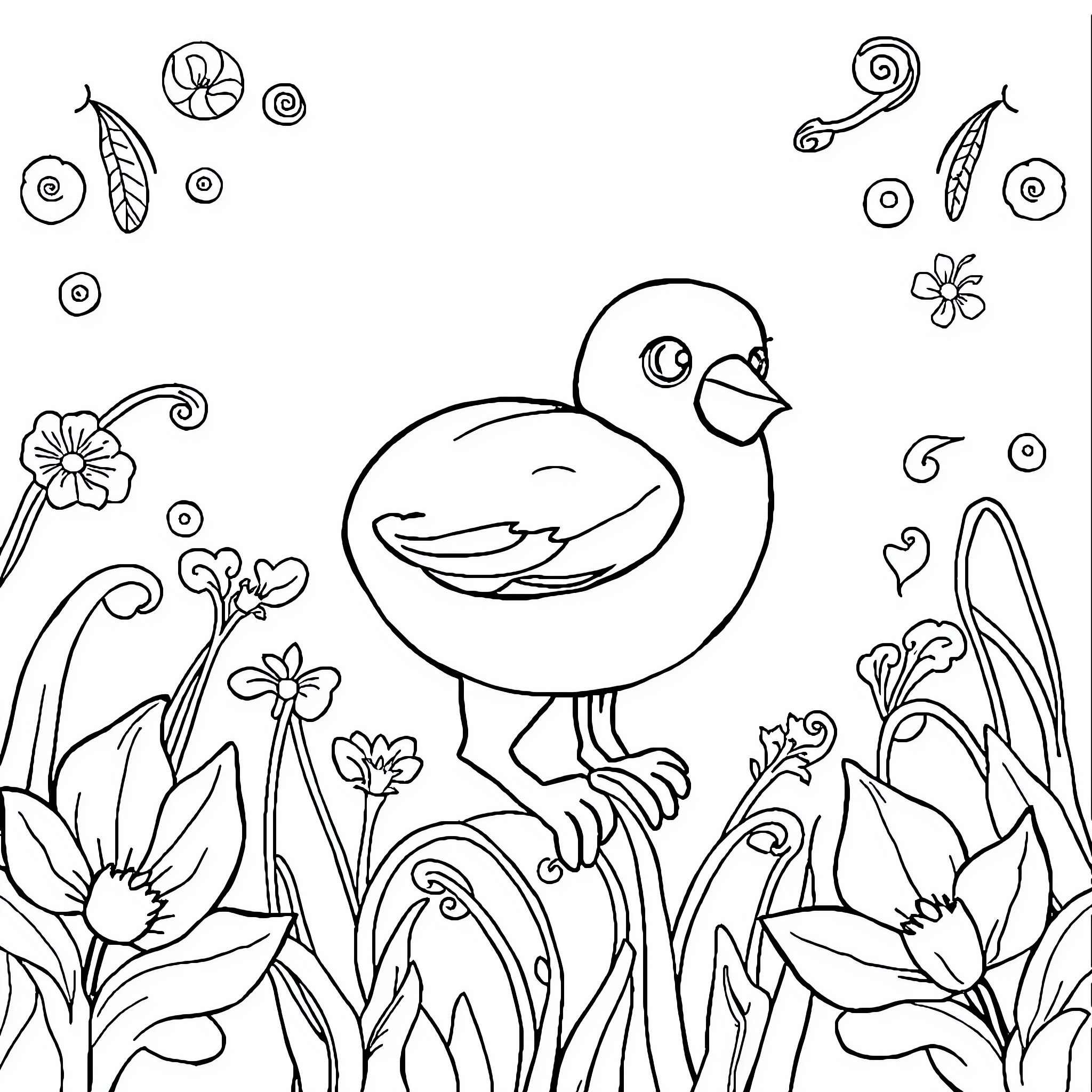 Ok drawing of a cheerful bird surrounded by flowers Coloring Page (free black-and-white line drawing printable PDF for all, from beginners to advanced learners, including children, teens, adults, and seniors)